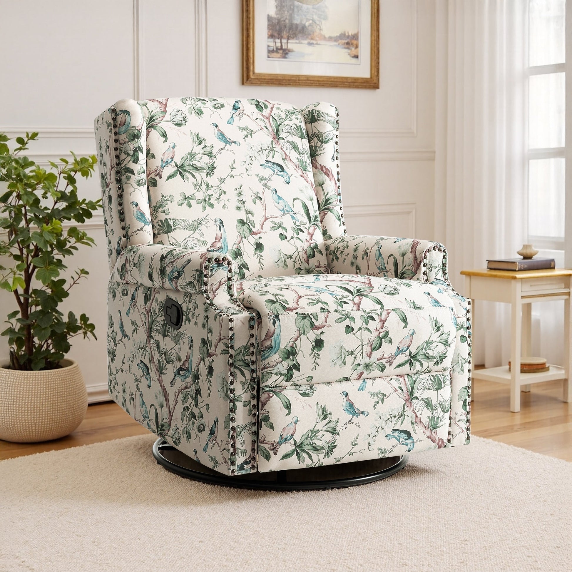 Fauteuil inclinable à bascule manuel avec dossier inclinable, motif floral, pivotant, 73,66 cm de large.