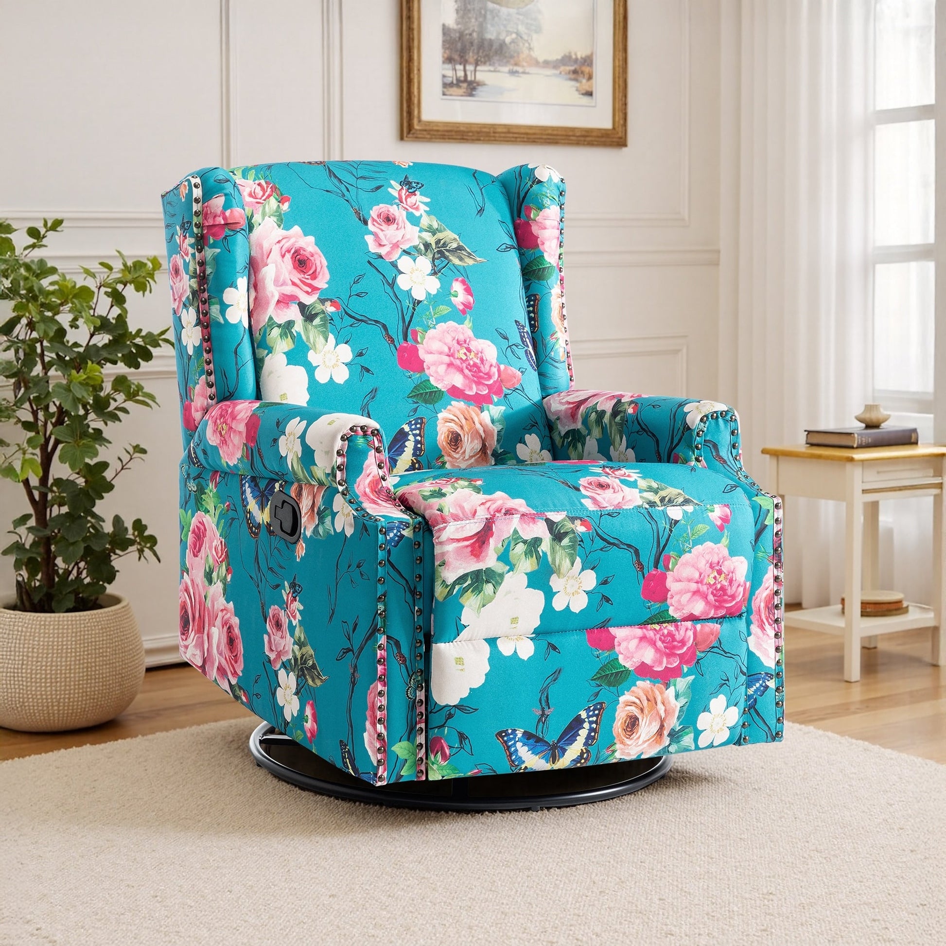 Fauteuil inclinable à bascule manuel avec dossier inclinable, motif floral, pivotant, 73,66 cm de large.