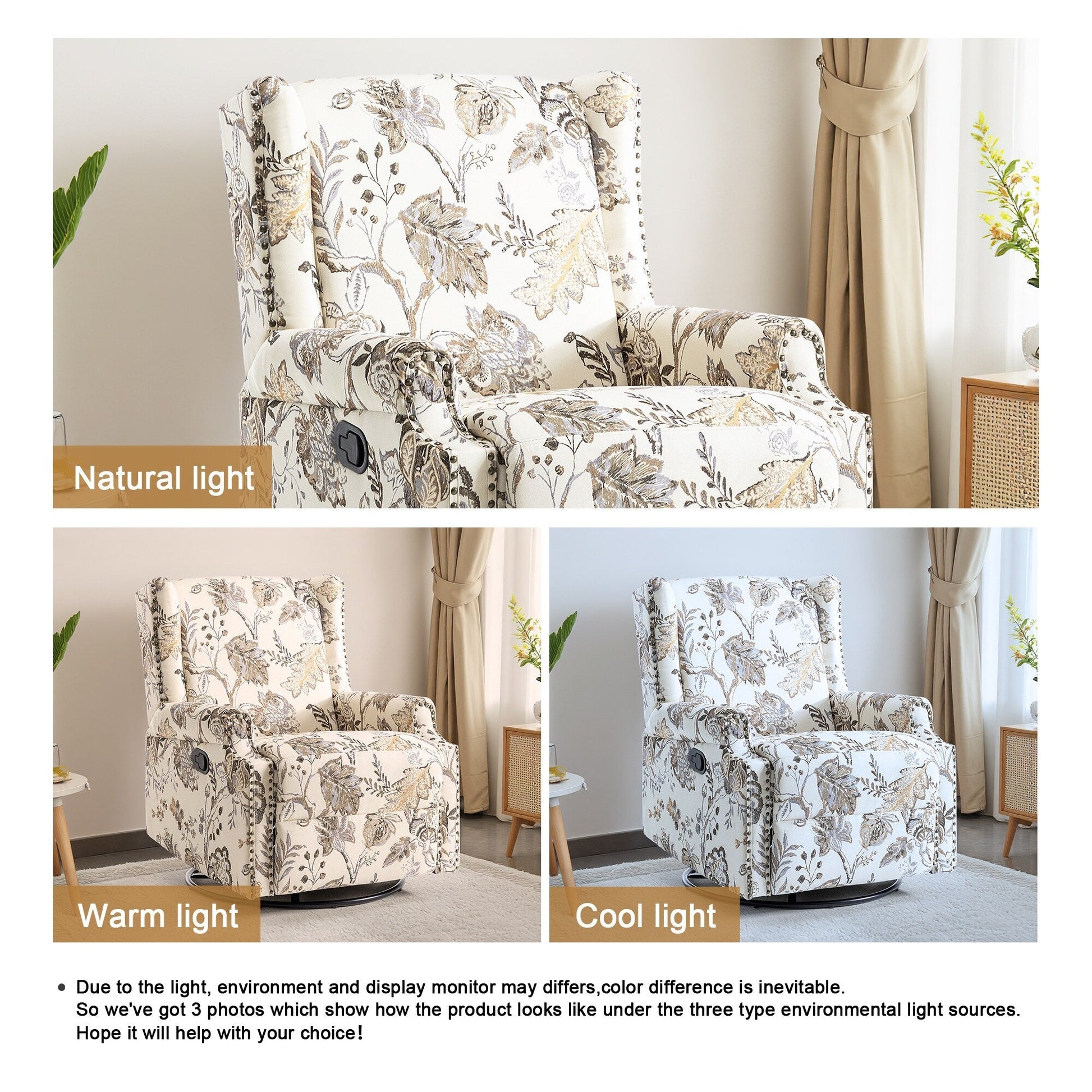 Fauteuil inclinable à bascule manuel avec dossier inclinable, motif floral, pivotant, 73,66 cm de large.