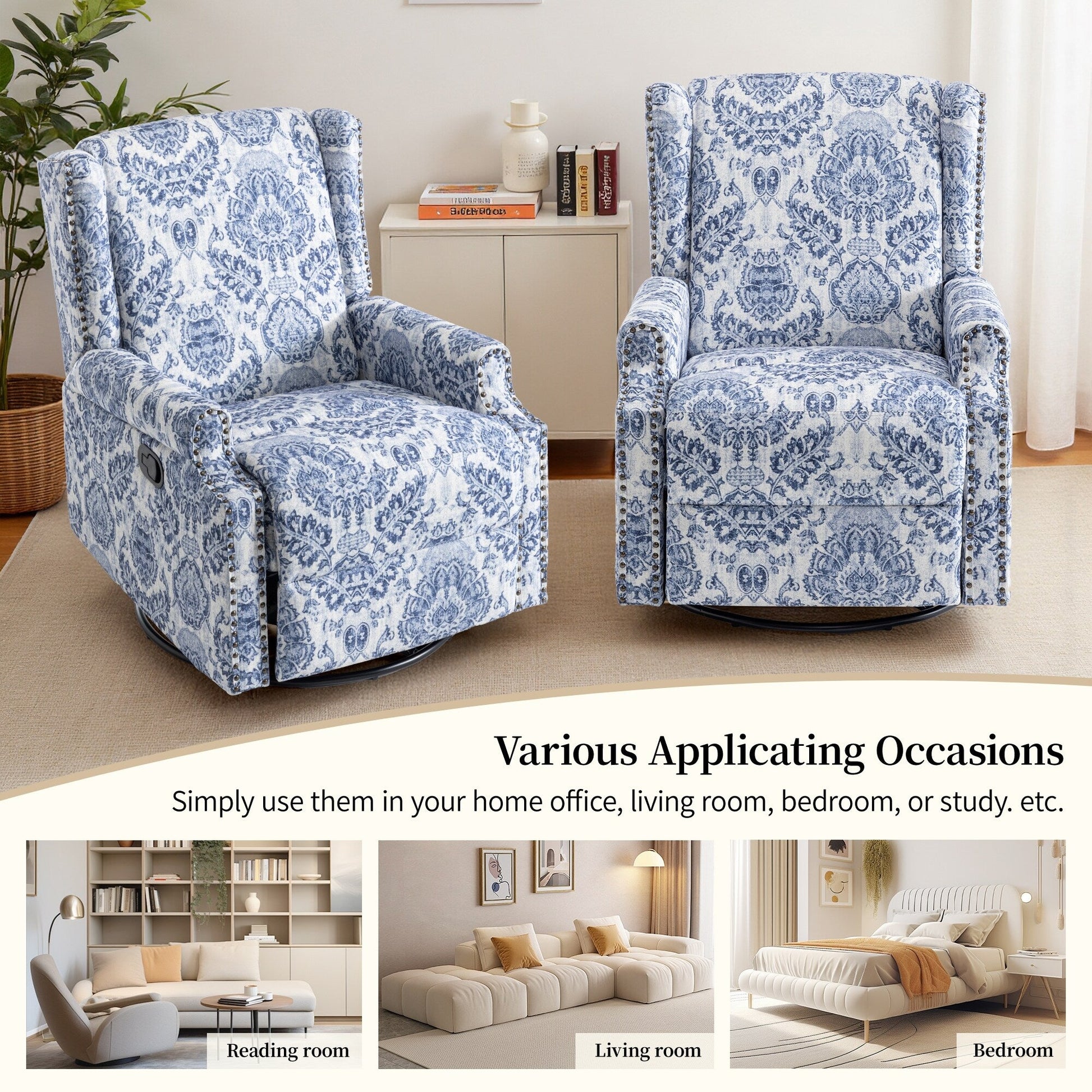 Fauteuil inclinable à bascule manuel avec dossier inclinable, motif floral, pivotant, 73,66 cm de large.