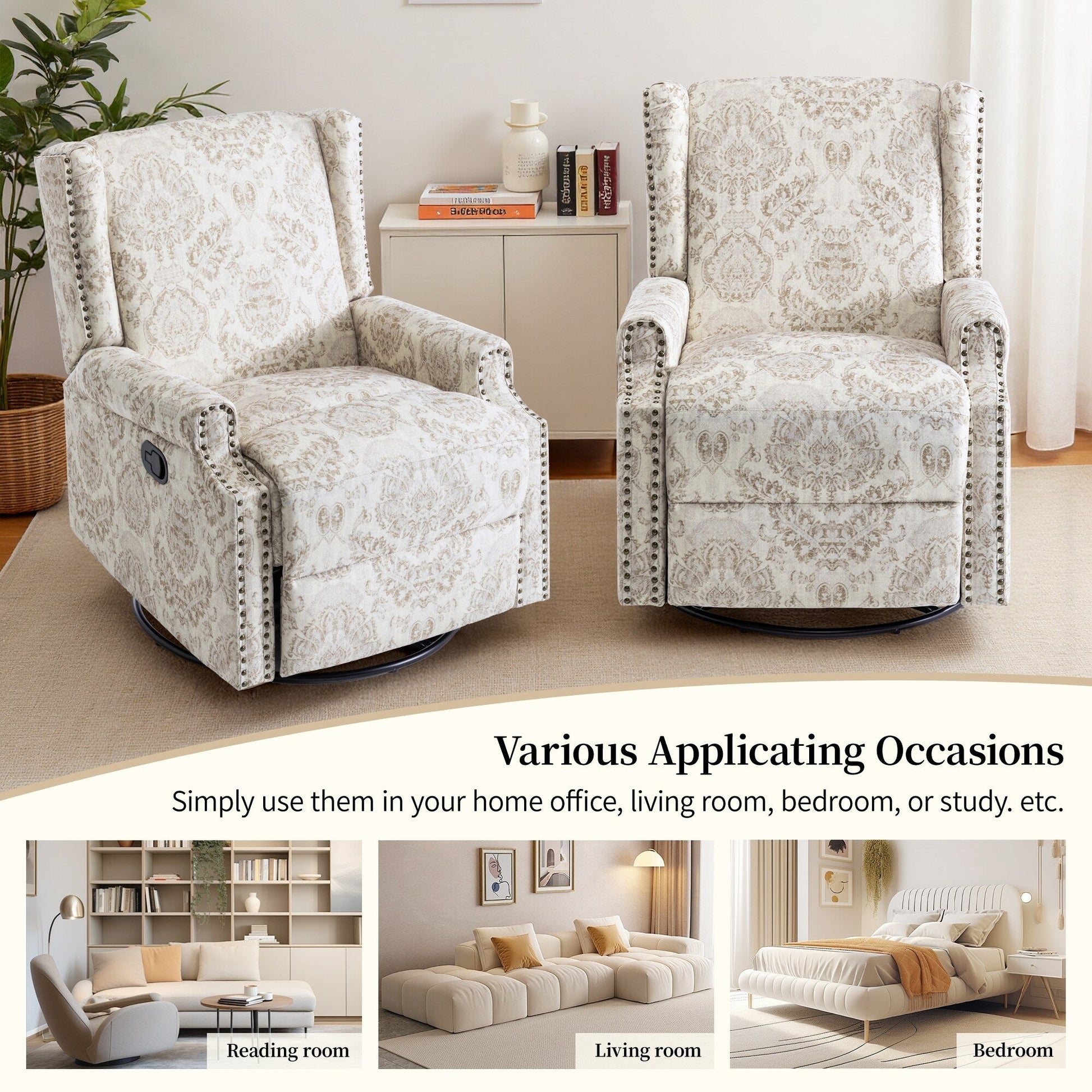 Fauteuil inclinable à bascule manuel avec dossier inclinable, motif floral, pivotant, 73,66 cm de large.
