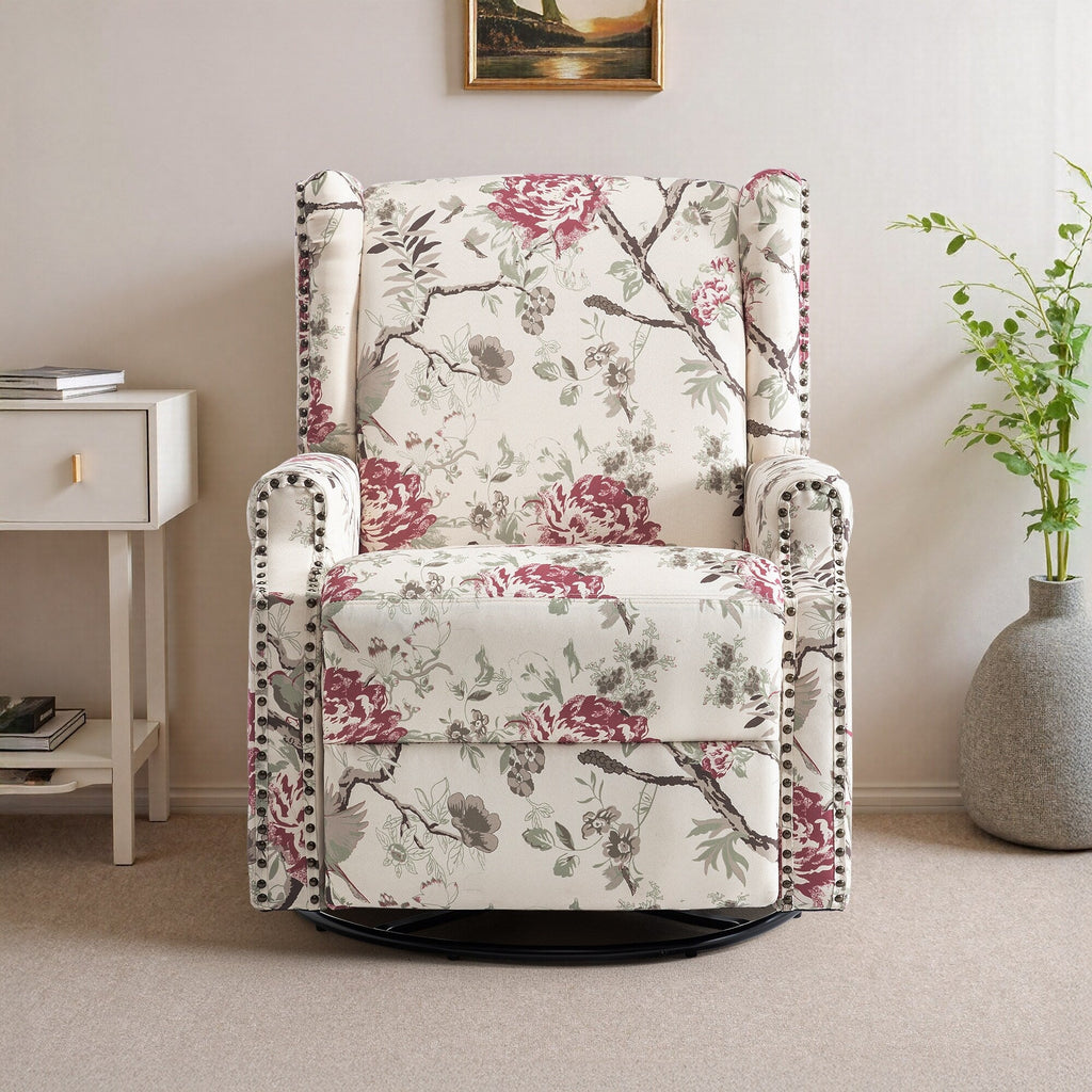 Fauteuil inclinable à bascule manuel avec dossier inclinable, motif floral, pivotant, 73,66 cm de large.