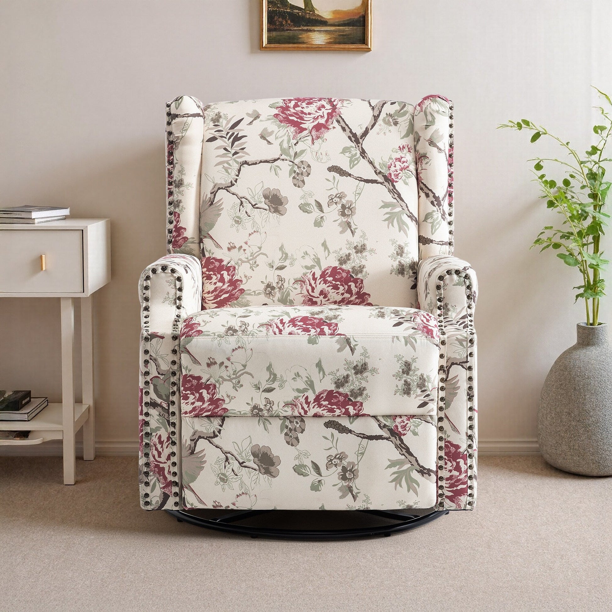 Fauteuil inclinable à bascule manuel avec dossier inclinable, motif floral, pivotant, 73,66 cm de large.