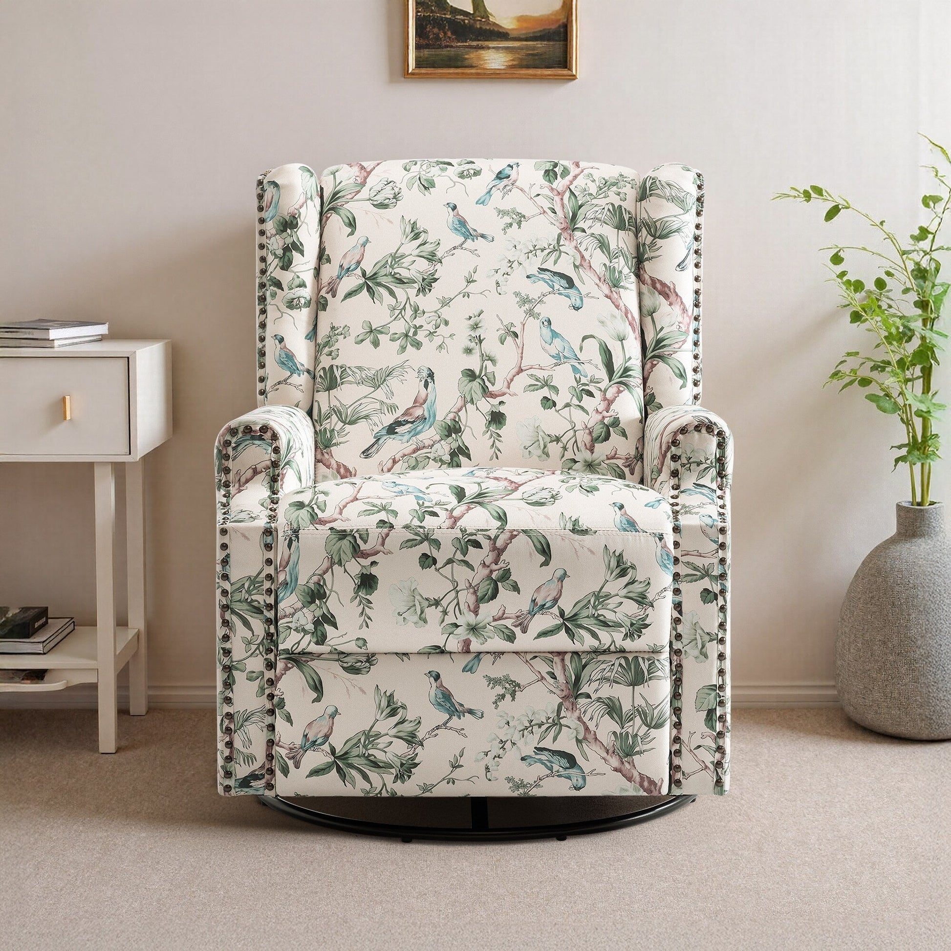 Fauteuil inclinable à bascule manuel avec dossier inclinable, motif floral, pivotant, 73,66 cm de large.
