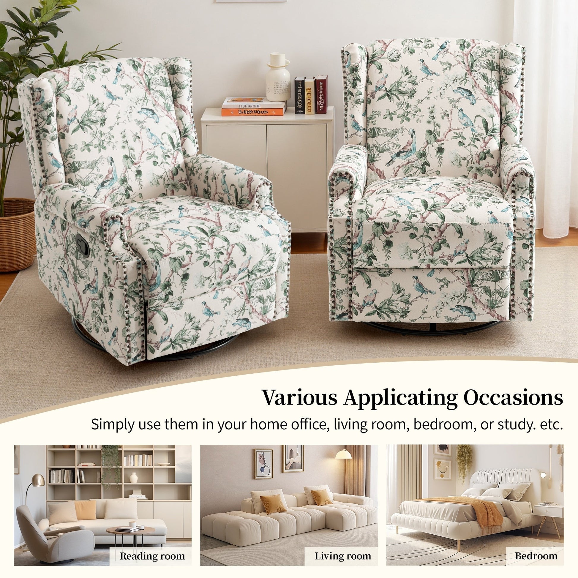 Fauteuil inclinable à bascule manuel avec dossier inclinable, motif floral, pivotant, 73,66 cm de large.