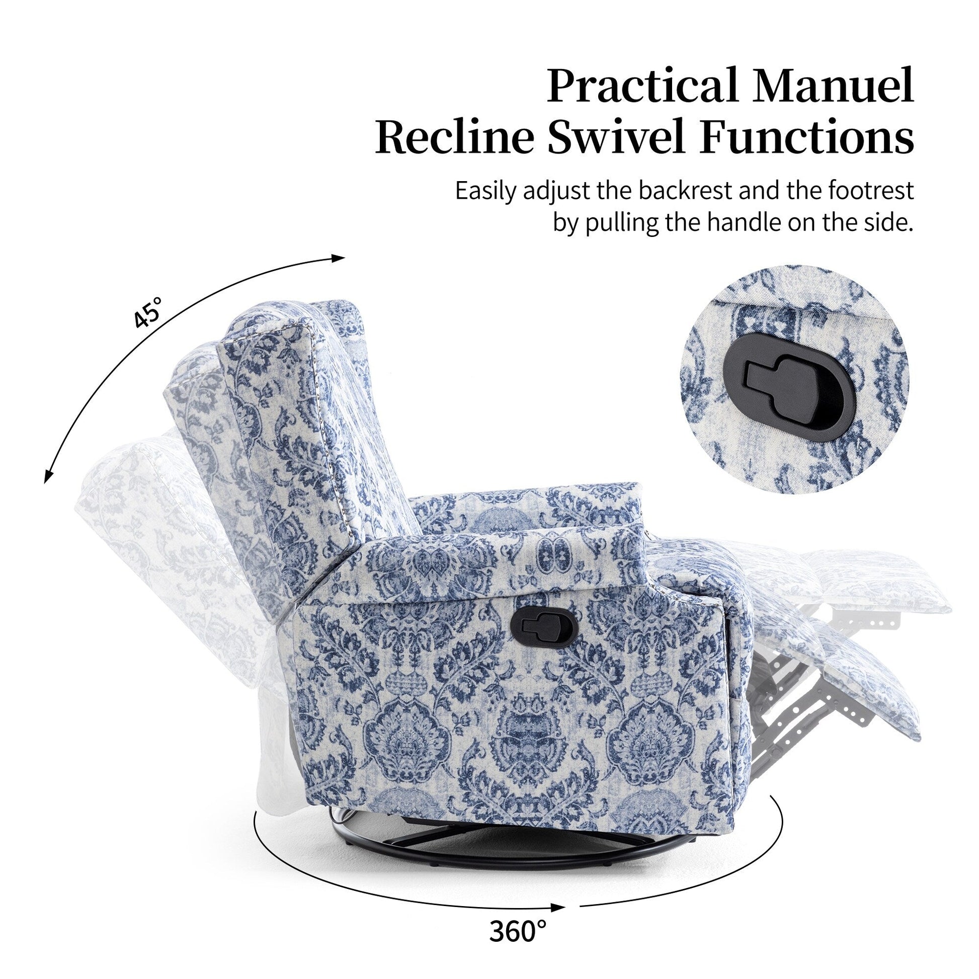 Fauteuil inclinable à bascule manuel avec dossier inclinable, motif floral, pivotant, 73,66 cm de large.