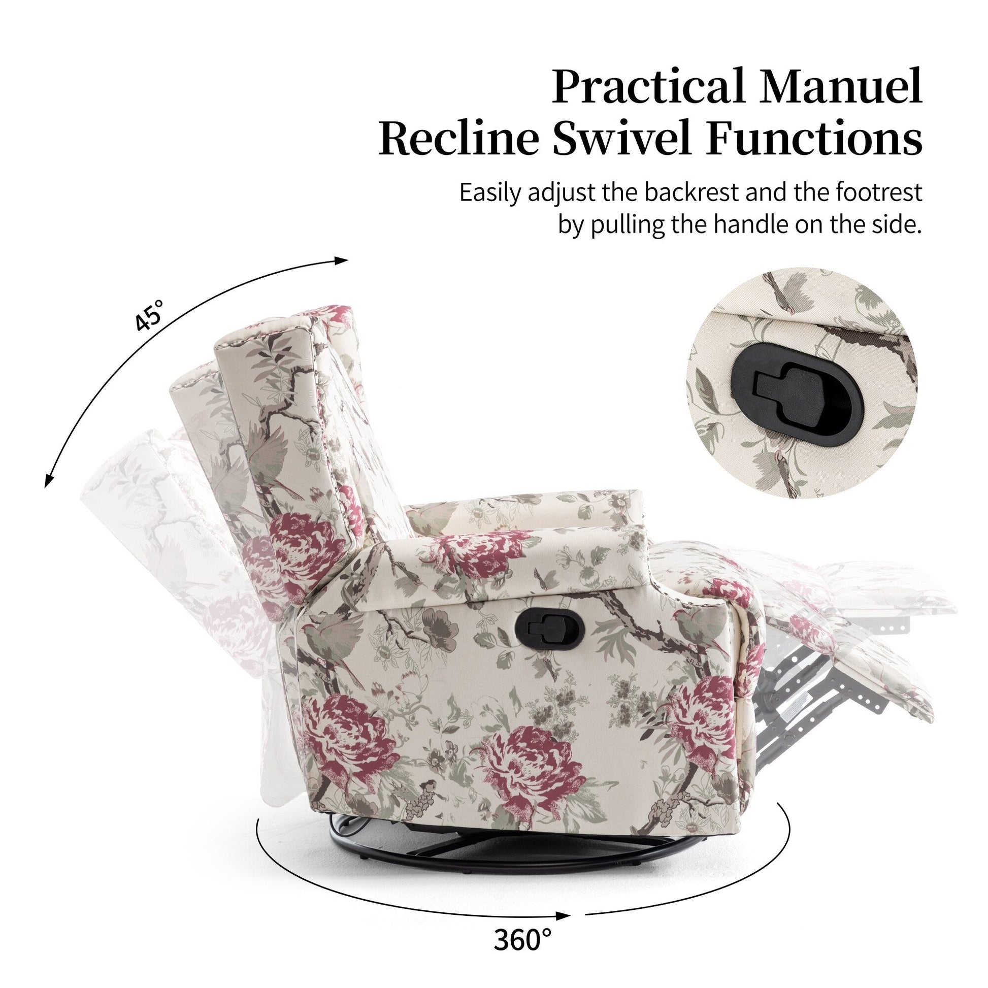 Fauteuil inclinable à bascule manuel avec dossier inclinable, motif floral, pivotant, 73,66 cm de large.
