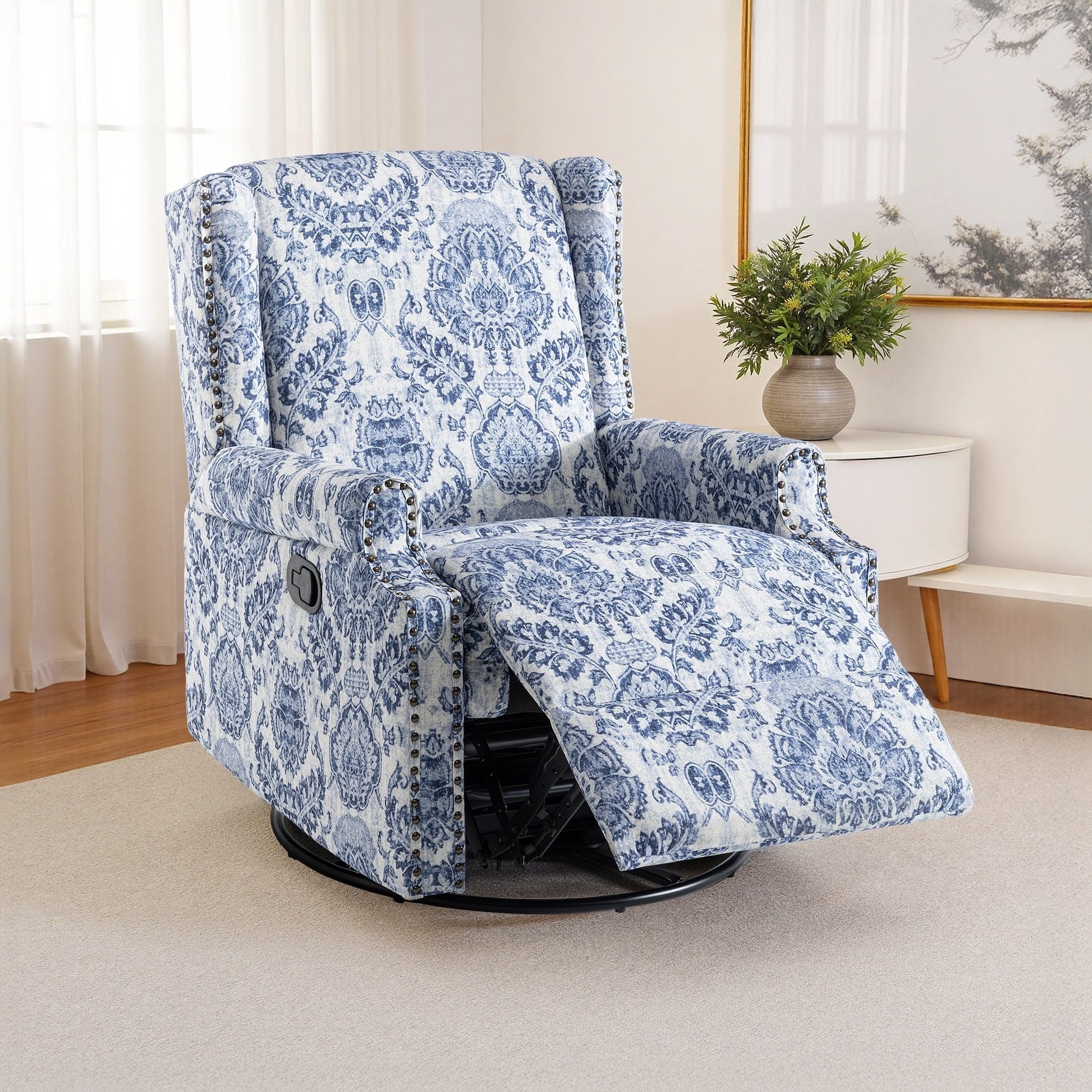 Fauteuil inclinable à bascule manuel avec dossier inclinable, motif floral, pivotant, 73,66 cm de large.