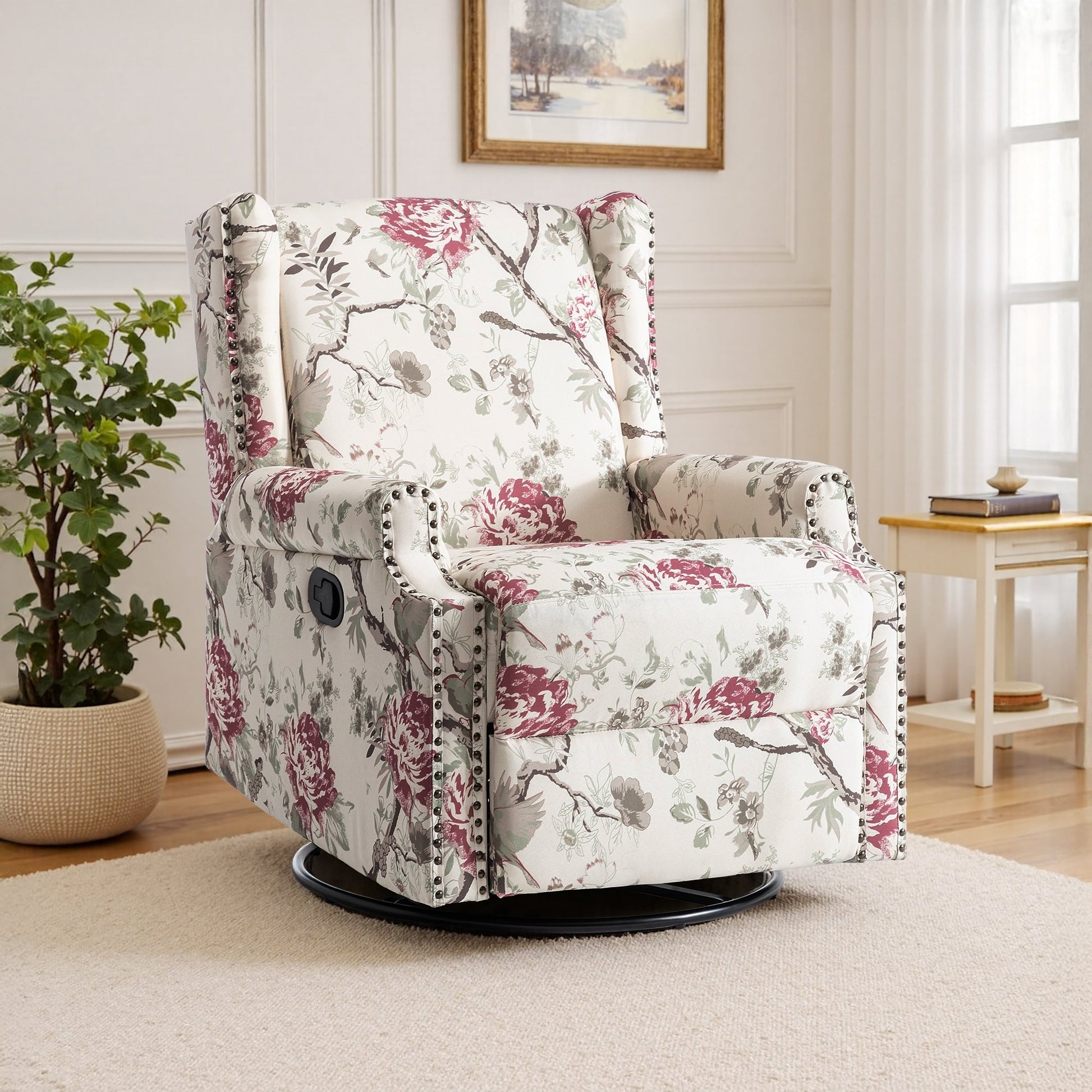 Fauteuil inclinable à bascule manuel avec dossier inclinable, motif floral, pivotant, 73,66 cm de large.
