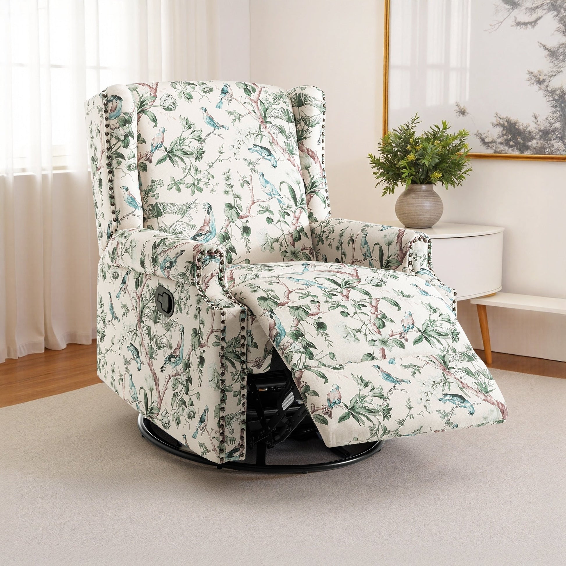 Fauteuil inclinable à bascule manuel avec dossier inclinable, motif floral, pivotant, 73,66 cm de large.