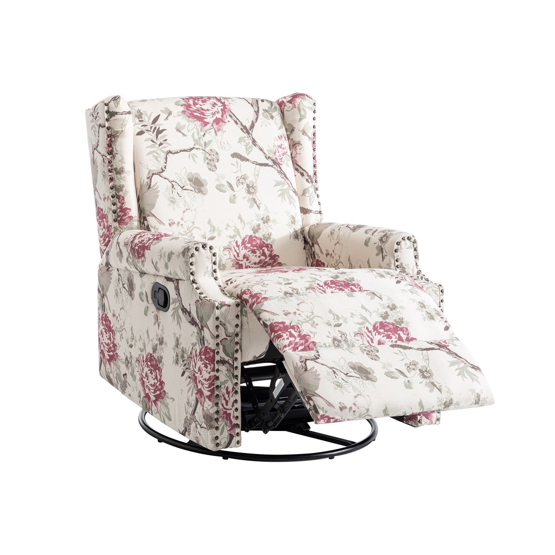 Fauteuil inclinable à bascule manuel avec dossier inclinable, motif floral, pivotant, 73,66 cm de large.