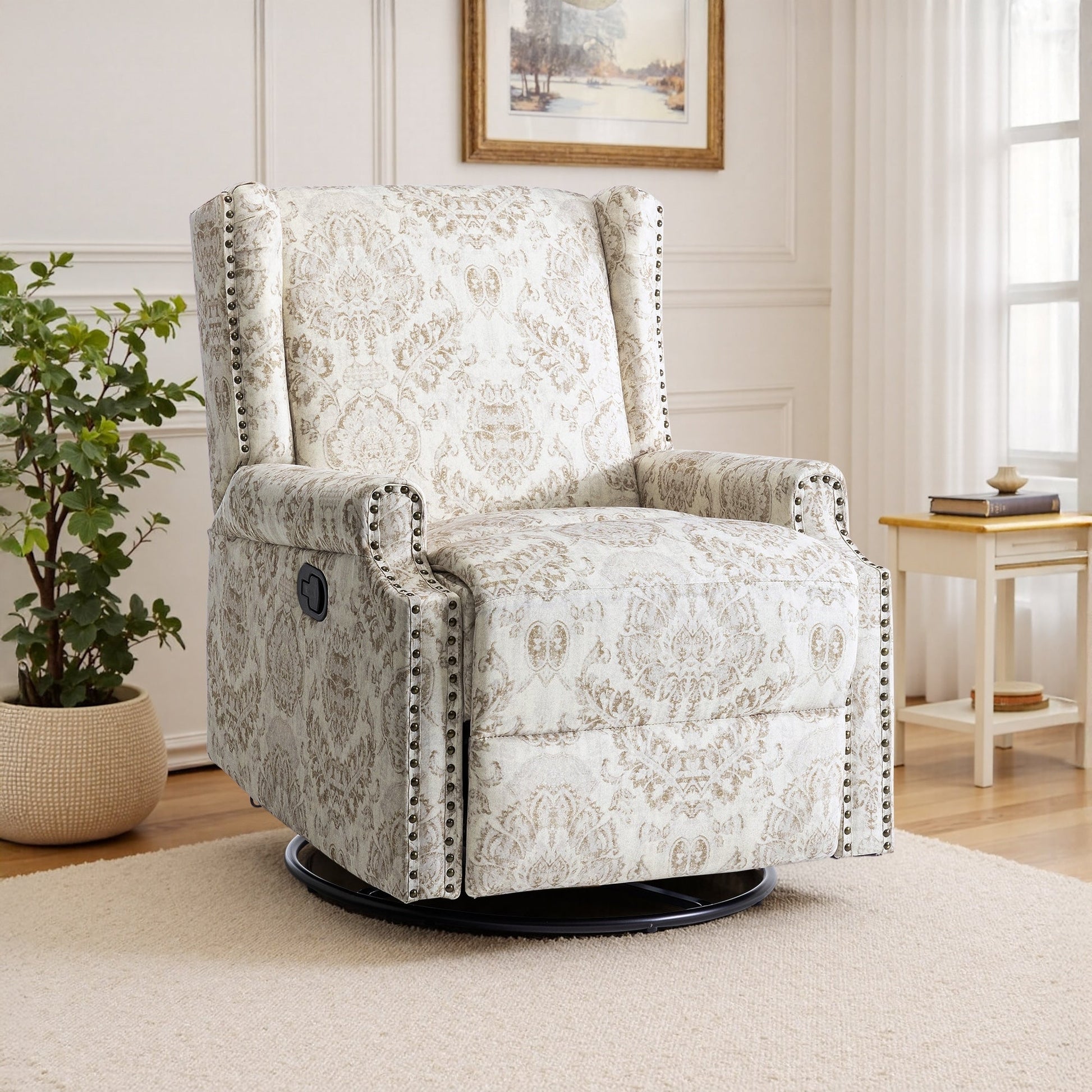 Fauteuil inclinable à bascule manuel avec dossier inclinable, motif floral, pivotant, 73,66 cm de large.