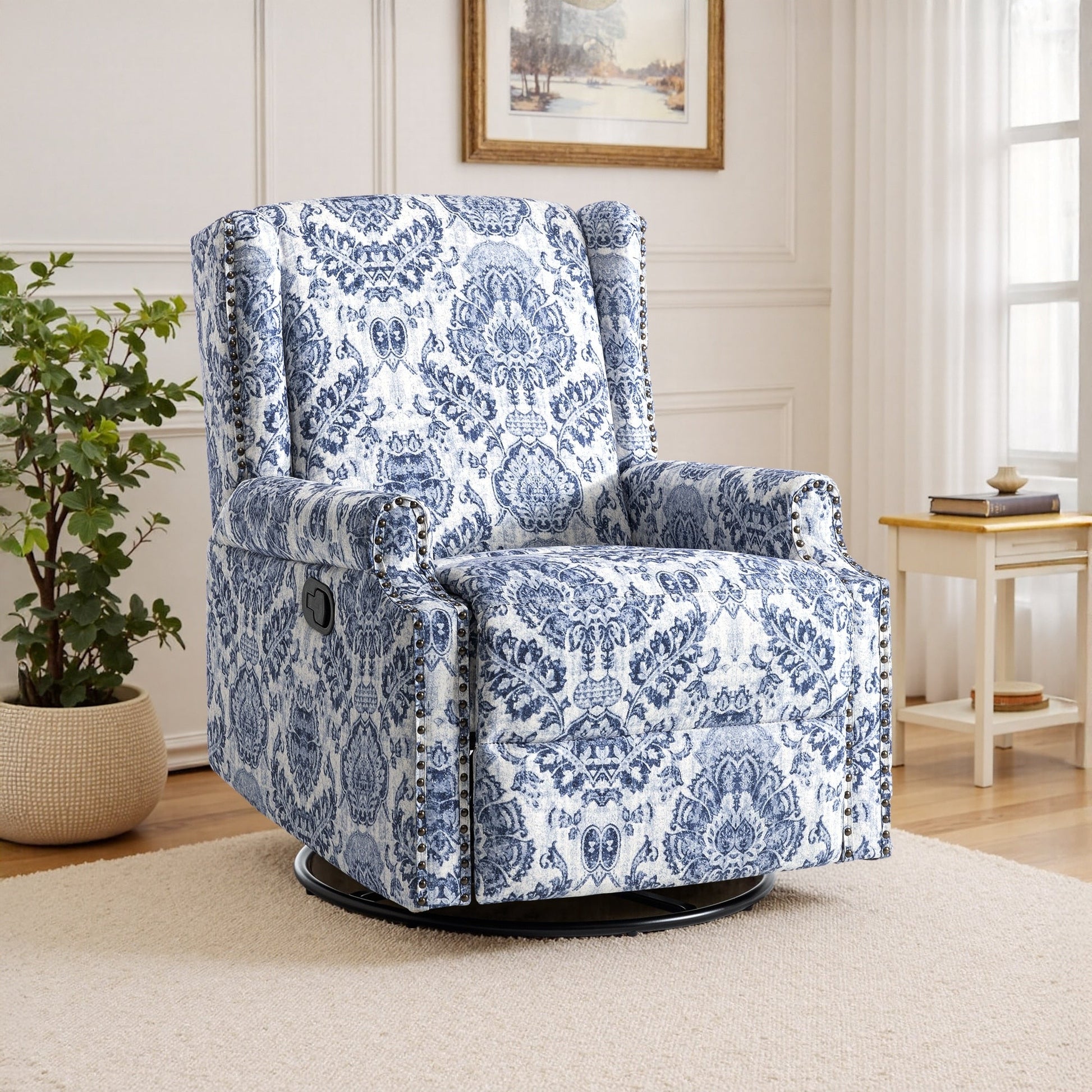 Fauteuil inclinable à bascule manuel avec dossier inclinable, motif floral, pivotant, 73,66 cm de large.