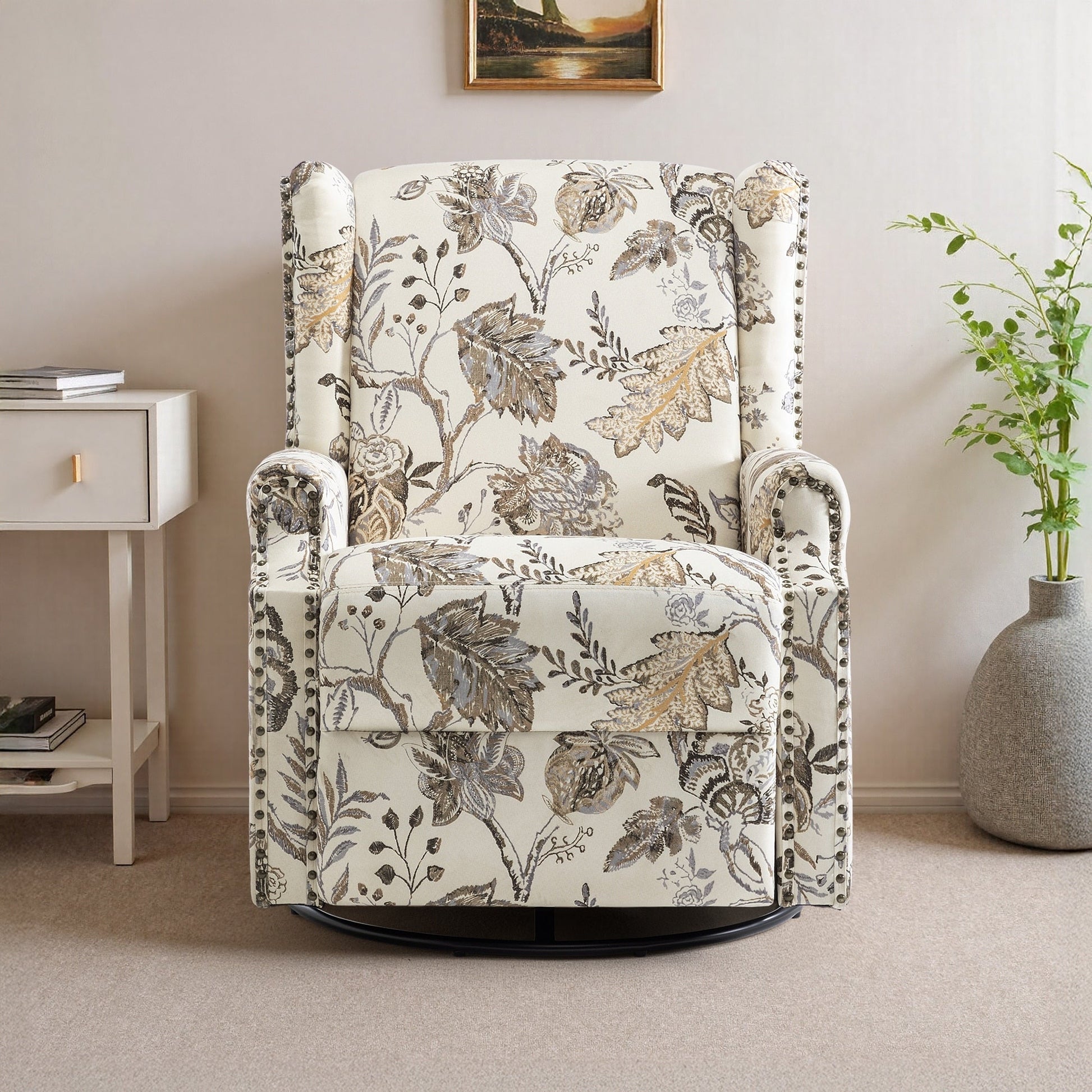Fauteuil inclinable à bascule manuel avec dossier inclinable, motif floral, pivotant, 73,66 cm de large.
