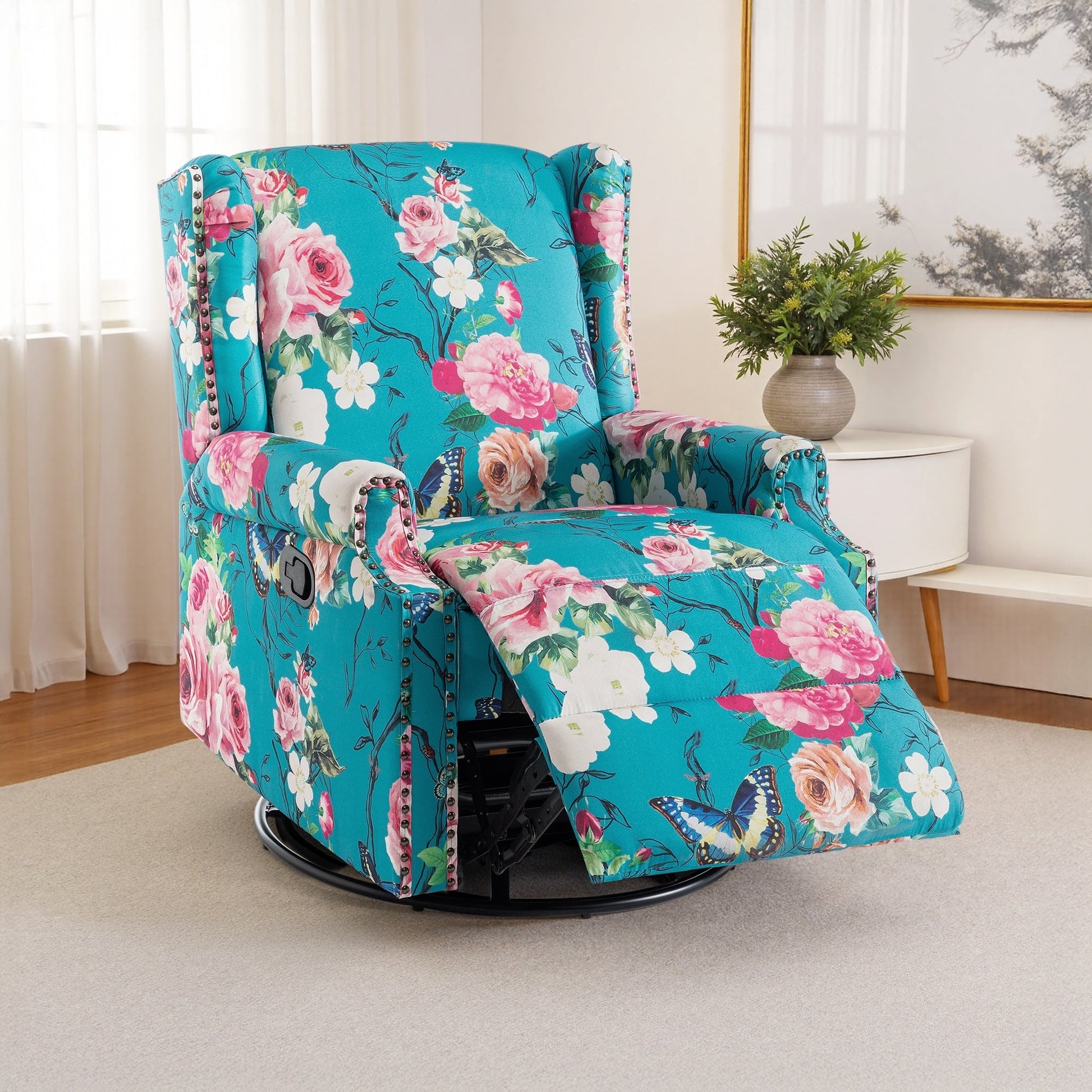 Fauteuil inclinable à bascule manuel avec dossier inclinable, motif floral, pivotant, 73,66 cm de large.