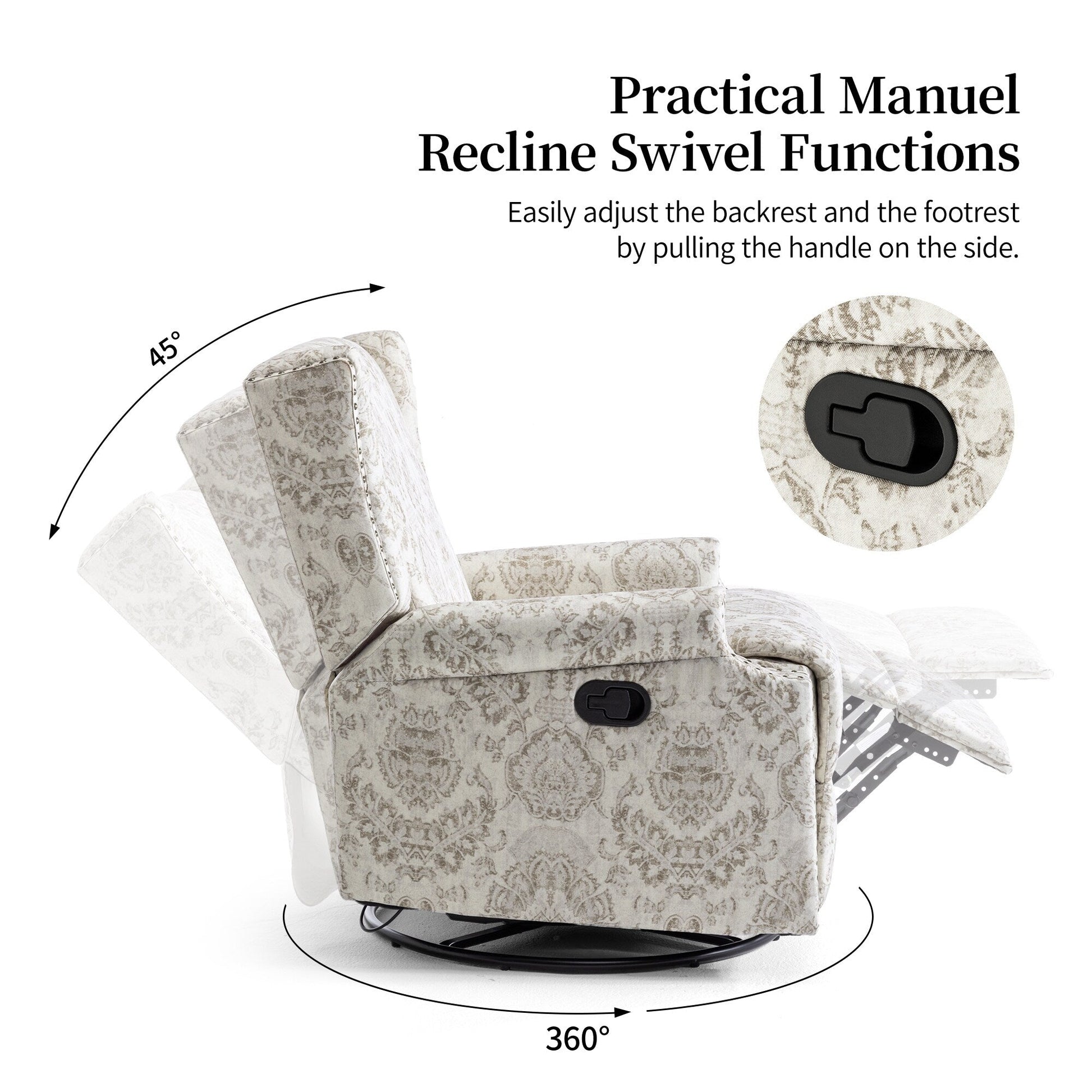 Fauteuil inclinable à bascule manuel avec dossier inclinable, motif floral, pivotant, 73,66 cm de large.