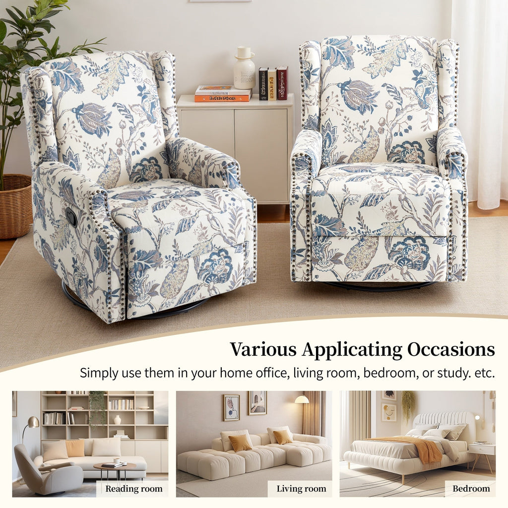 Fauteuil inclinable à bascule manuel avec dossier inclinable, motif floral, pivotant, 73,66 cm de large.