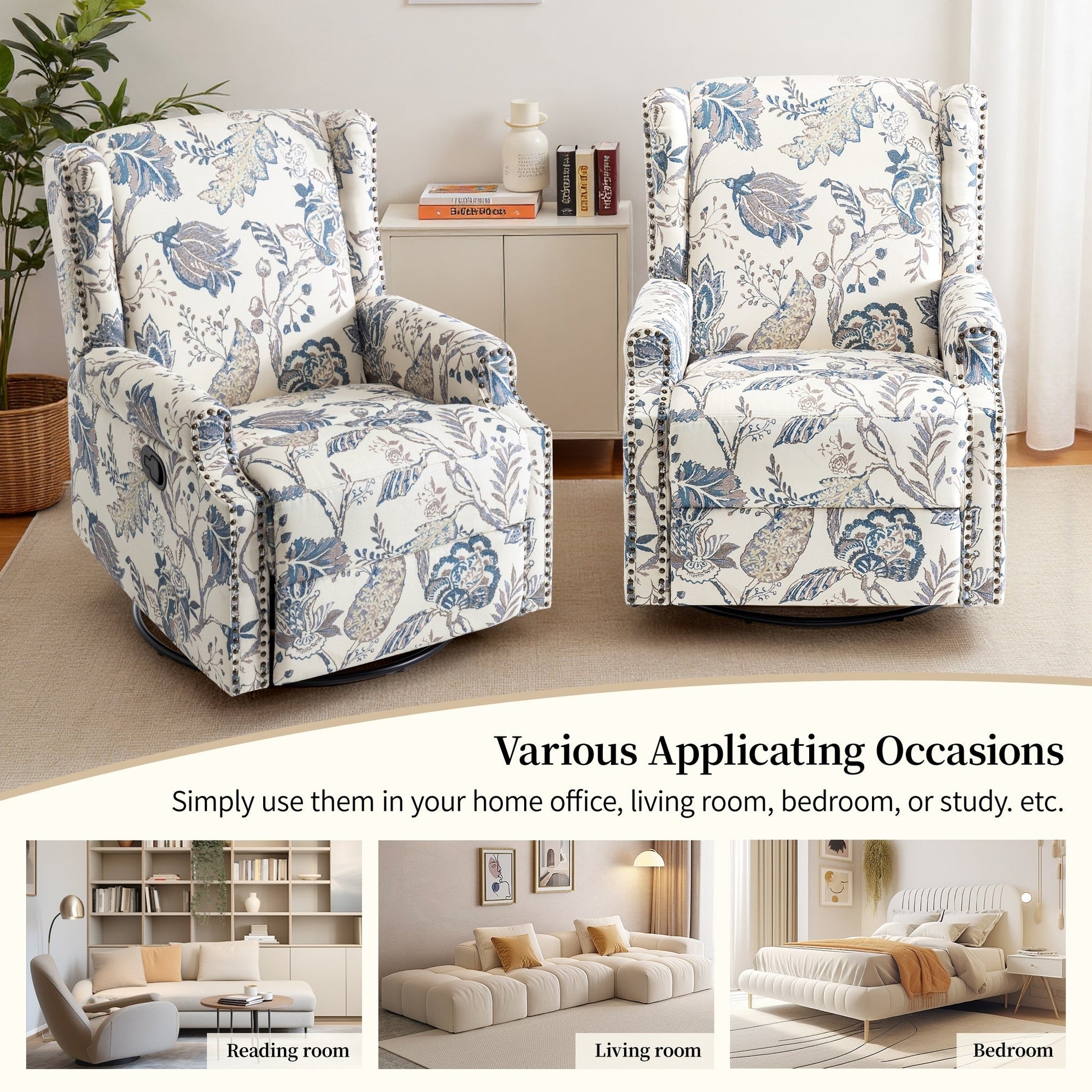 Fauteuil inclinable à bascule manuel avec dossier inclinable, motif floral, pivotant, 73,66 cm de large.