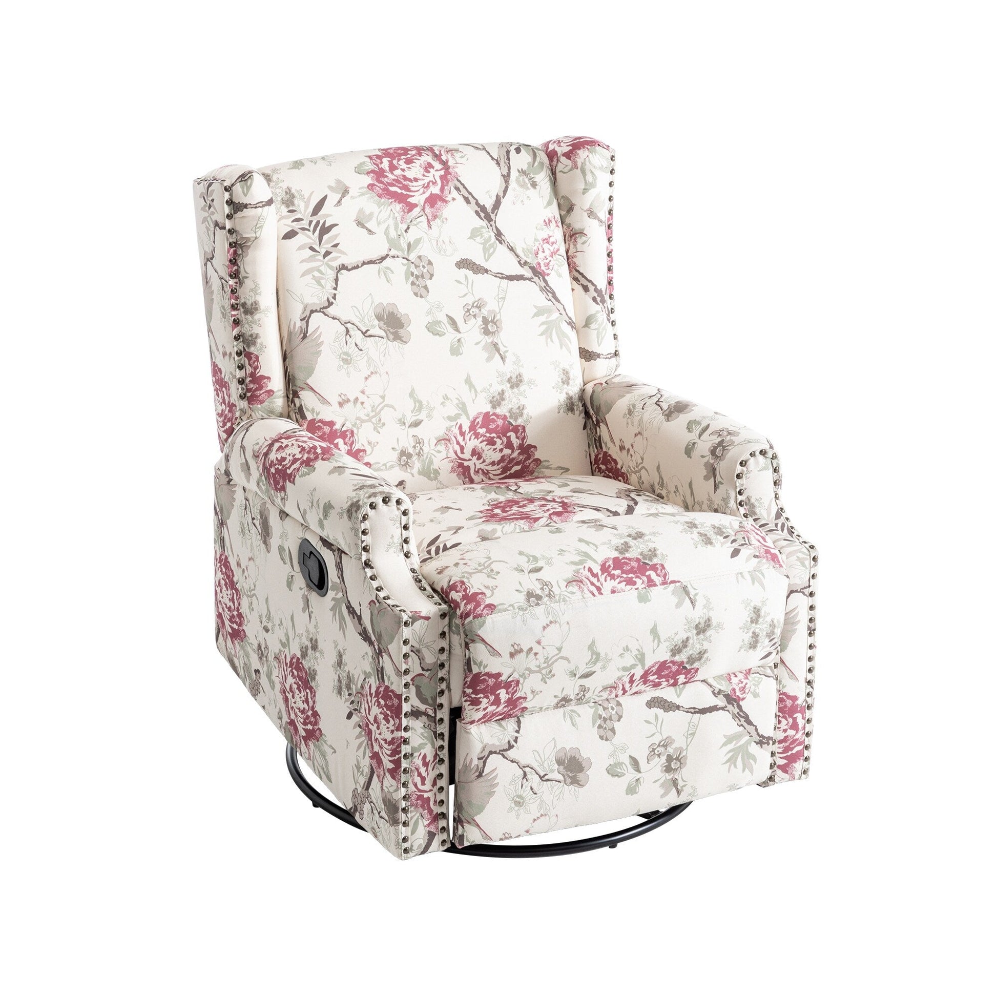 Fauteuil inclinable à bascule manuel avec dossier inclinable, motif floral, pivotant, 73,66 cm de large.