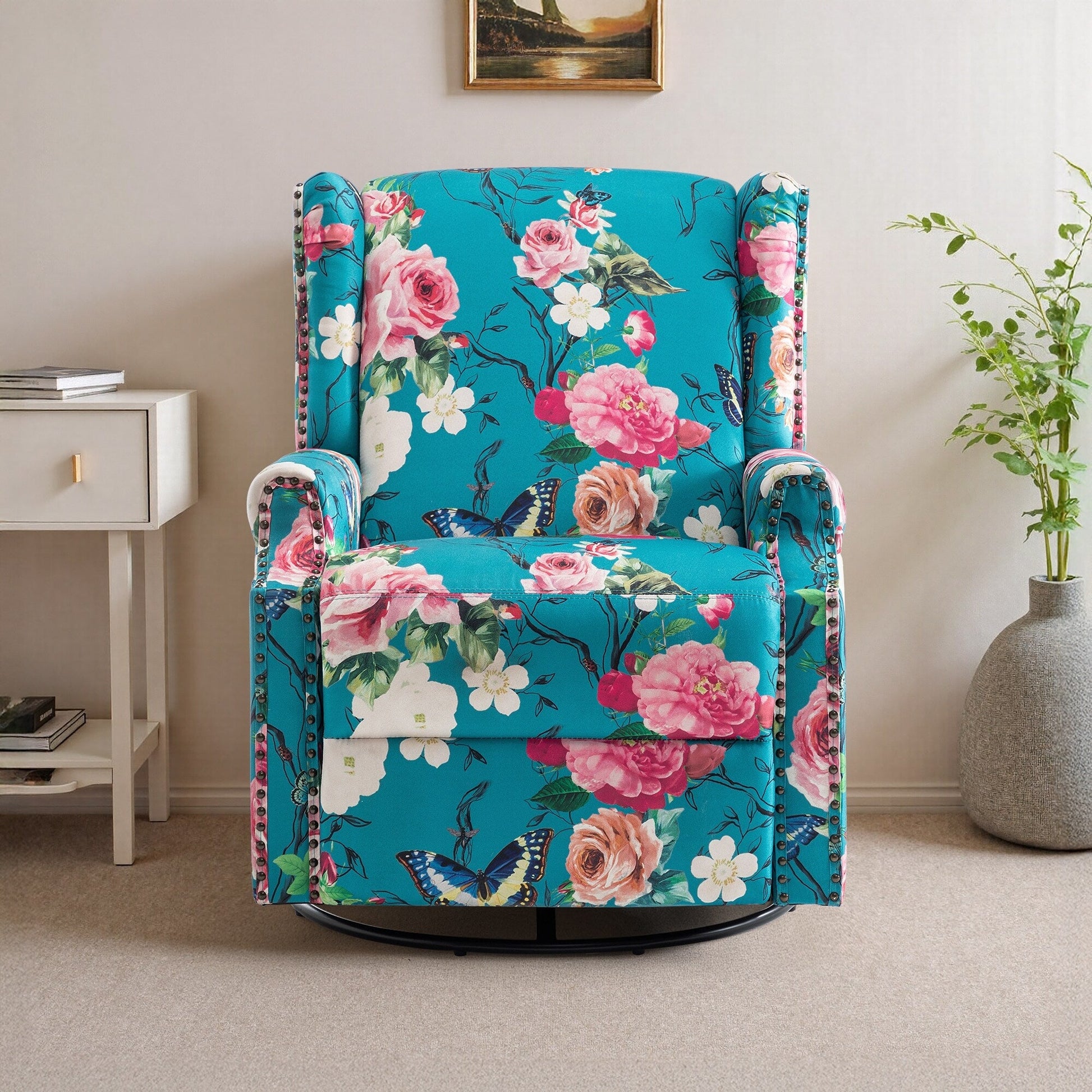 Fauteuil inclinable à bascule manuel avec dossier inclinable, motif floral, pivotant, 73,66 cm de large.