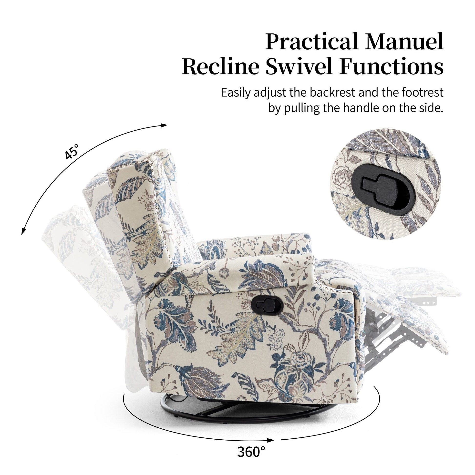 Fauteuil inclinable à bascule manuel avec dossier inclinable, motif floral, pivotant, 73,66 cm de large.
