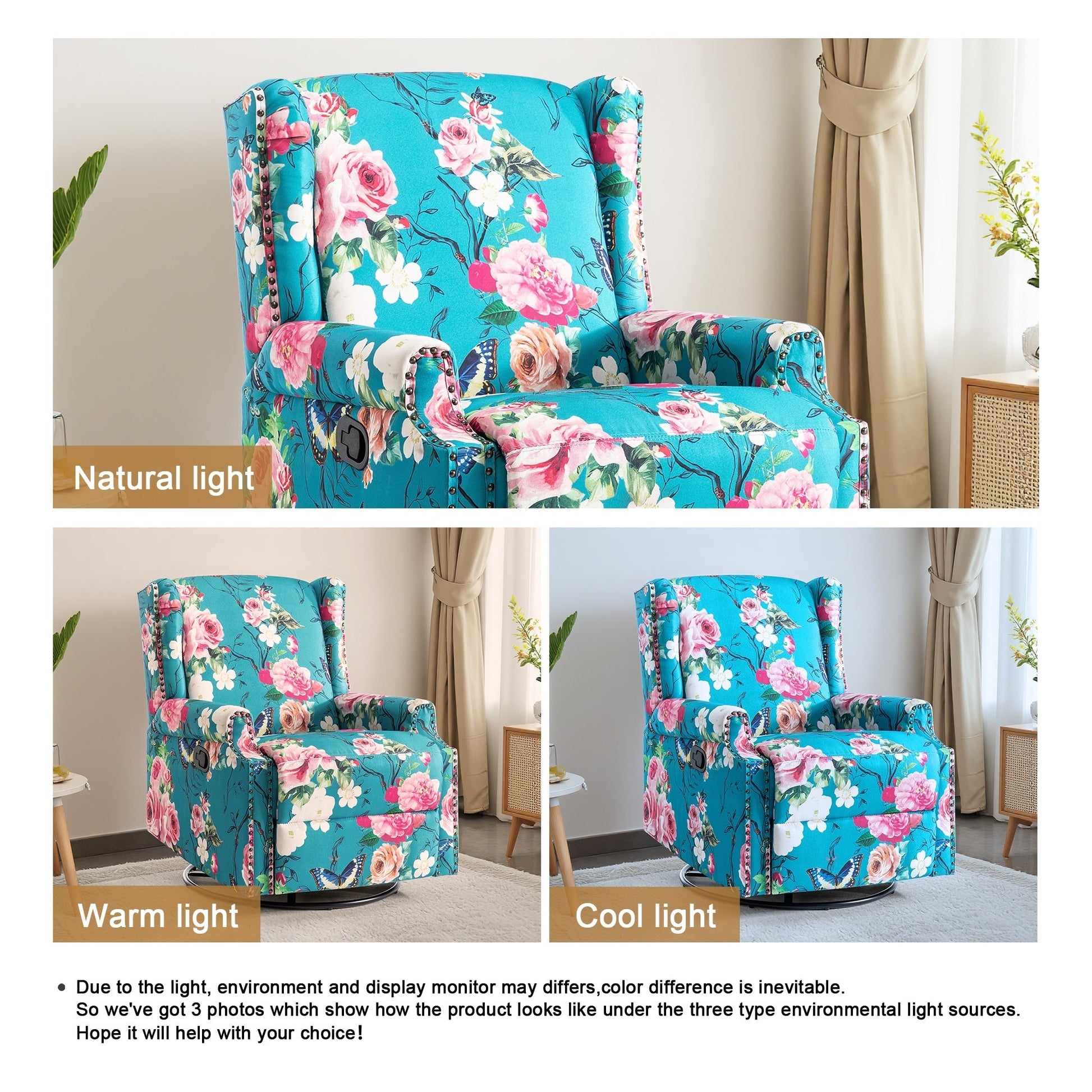 Fauteuil inclinable à bascule manuel avec dossier inclinable, motif floral, pivotant, 73,66 cm de large.