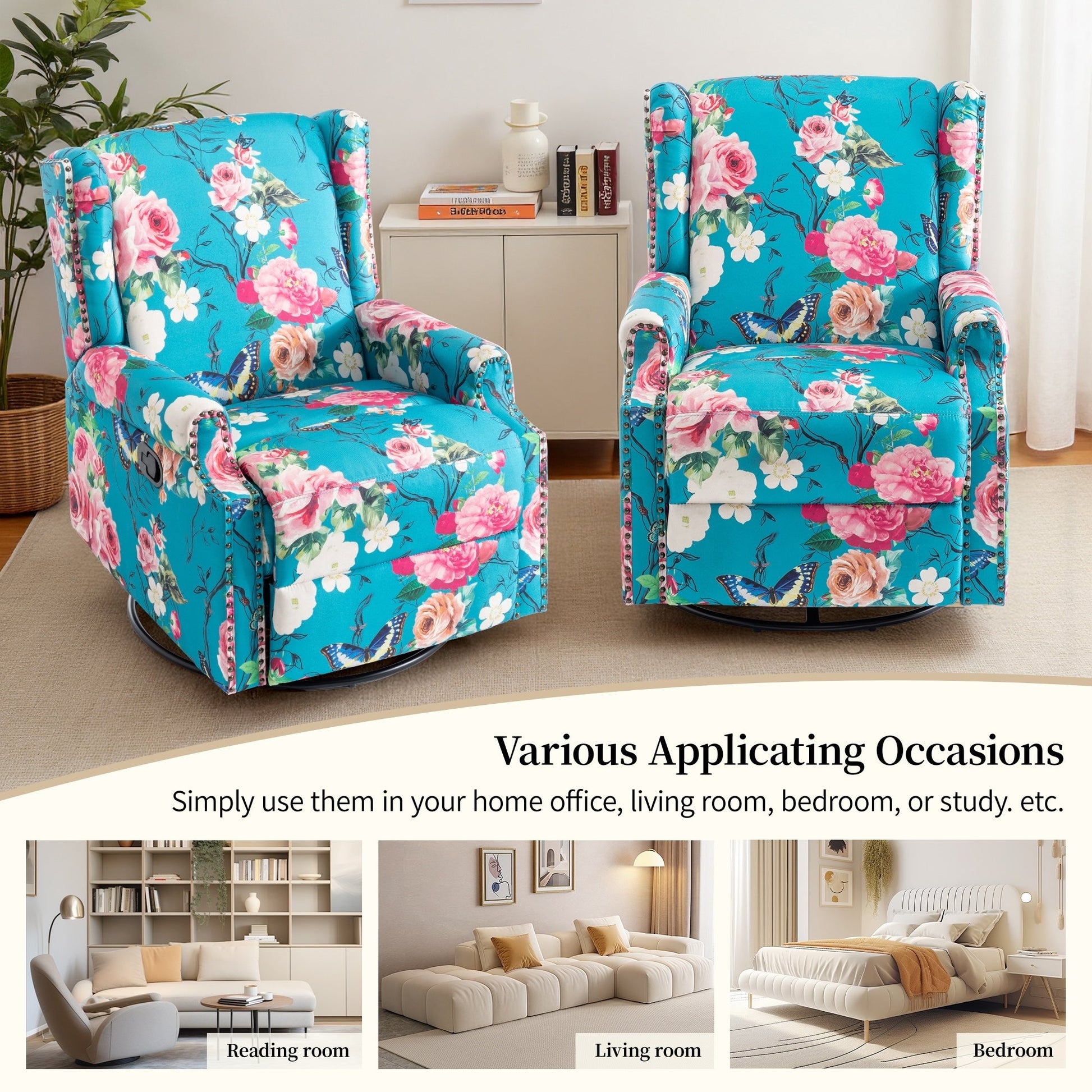 Lot de 2 chaises inclinables à bascule pivotantes à dossier manuel avec motif, 73,66 cm de largeur.