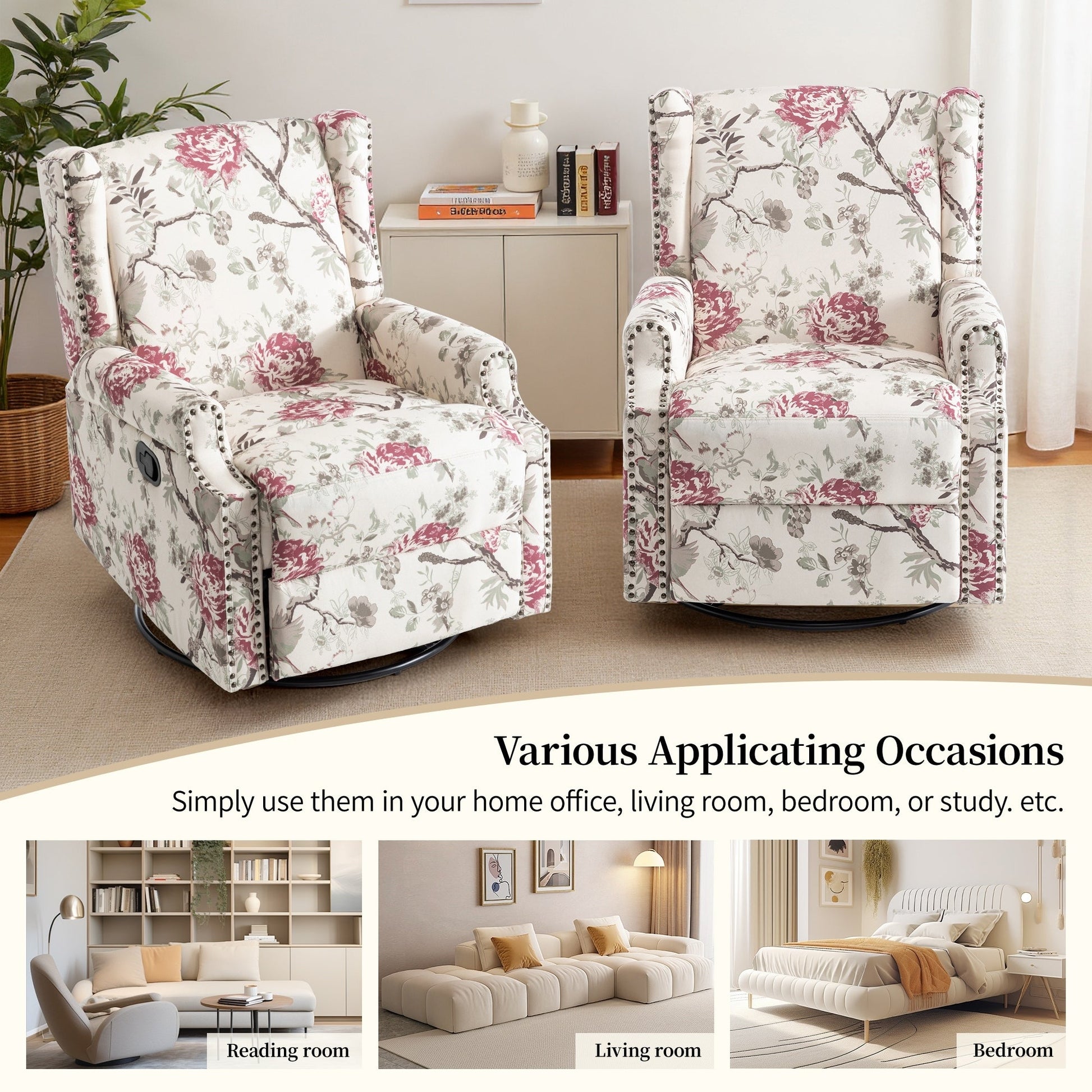 Lot de 2 chaises inclinables à bascule pivotantes à dossier manuel avec motif, 73,66 cm de largeur.