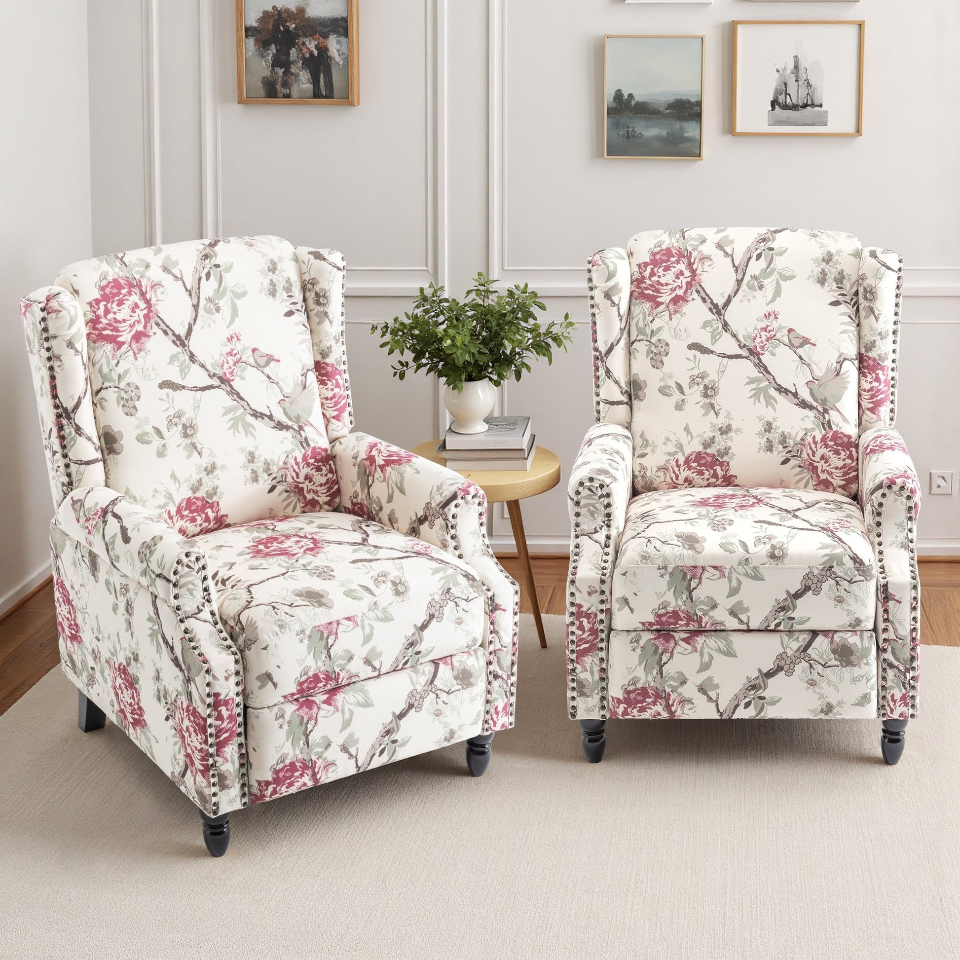 Lot de 2 chaises inclinables à dossier manuel à motif floral vintage, 73,66 cm de largeur.