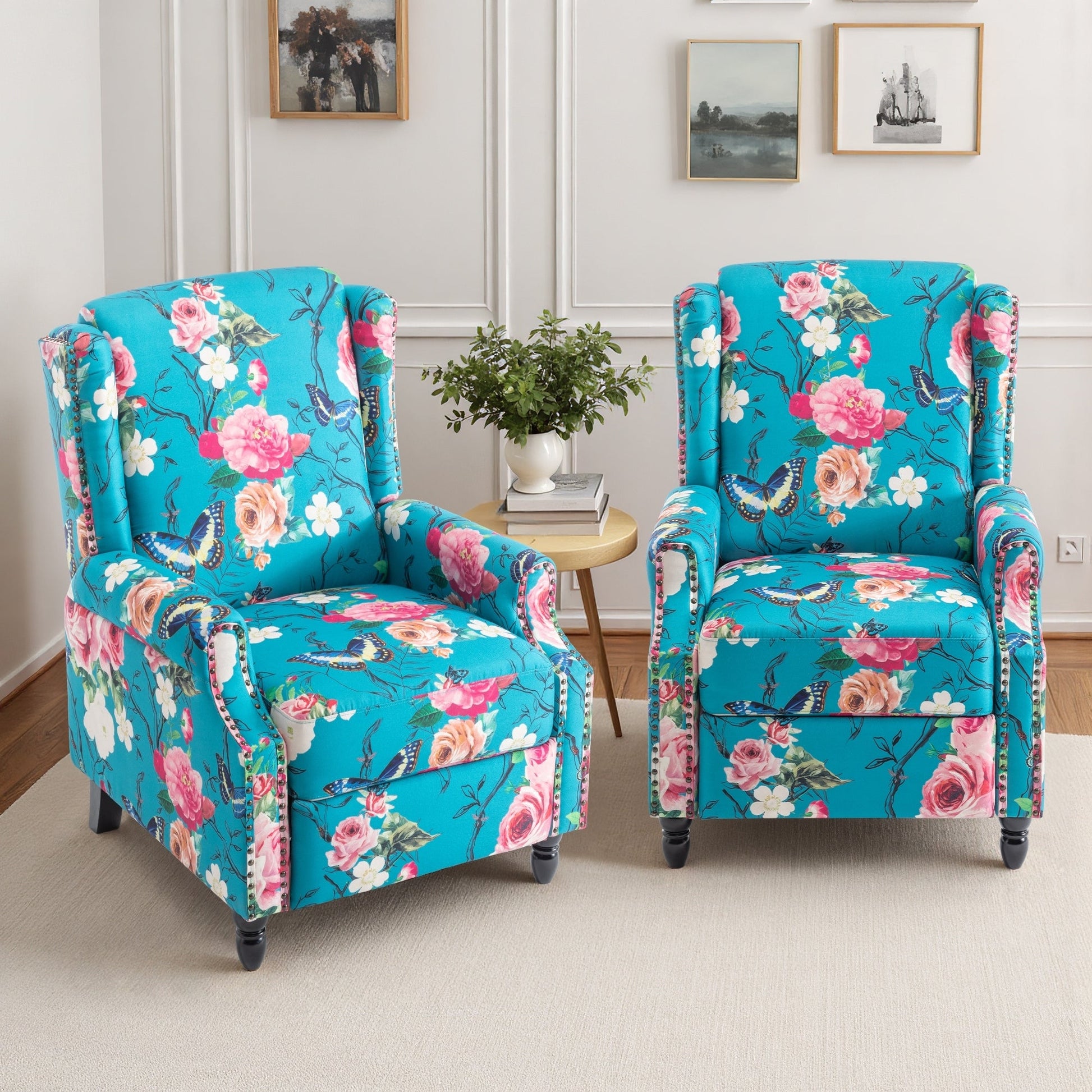 Lot de 2 chaises inclinables à dossier manuel à motif floral vintage, 73,66 cm de largeur.