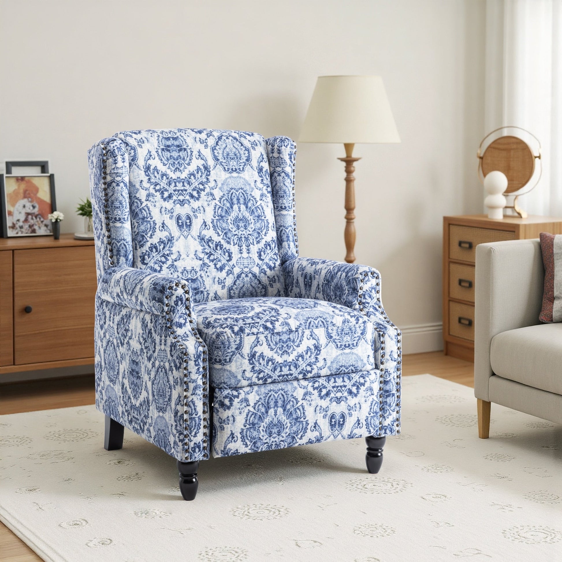 Fauteuil inclinable manuel à dossier inclinable avec motif floral sur tissu lin vintage, 73,66 cm de largeur