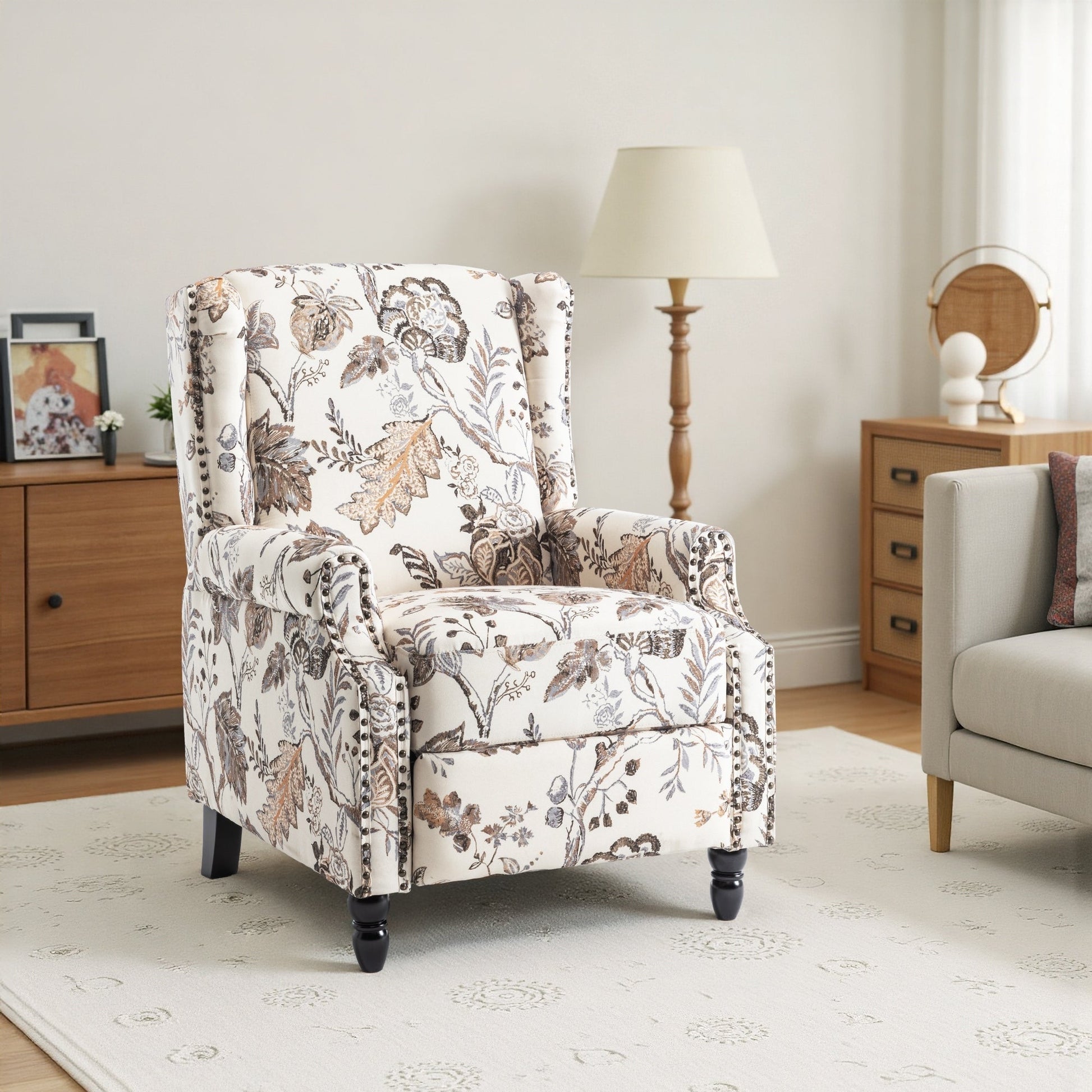 Fauteuil inclinable manuel à dossier inclinable avec motif floral sur tissu lin vintage, 73,66 cm de largeur