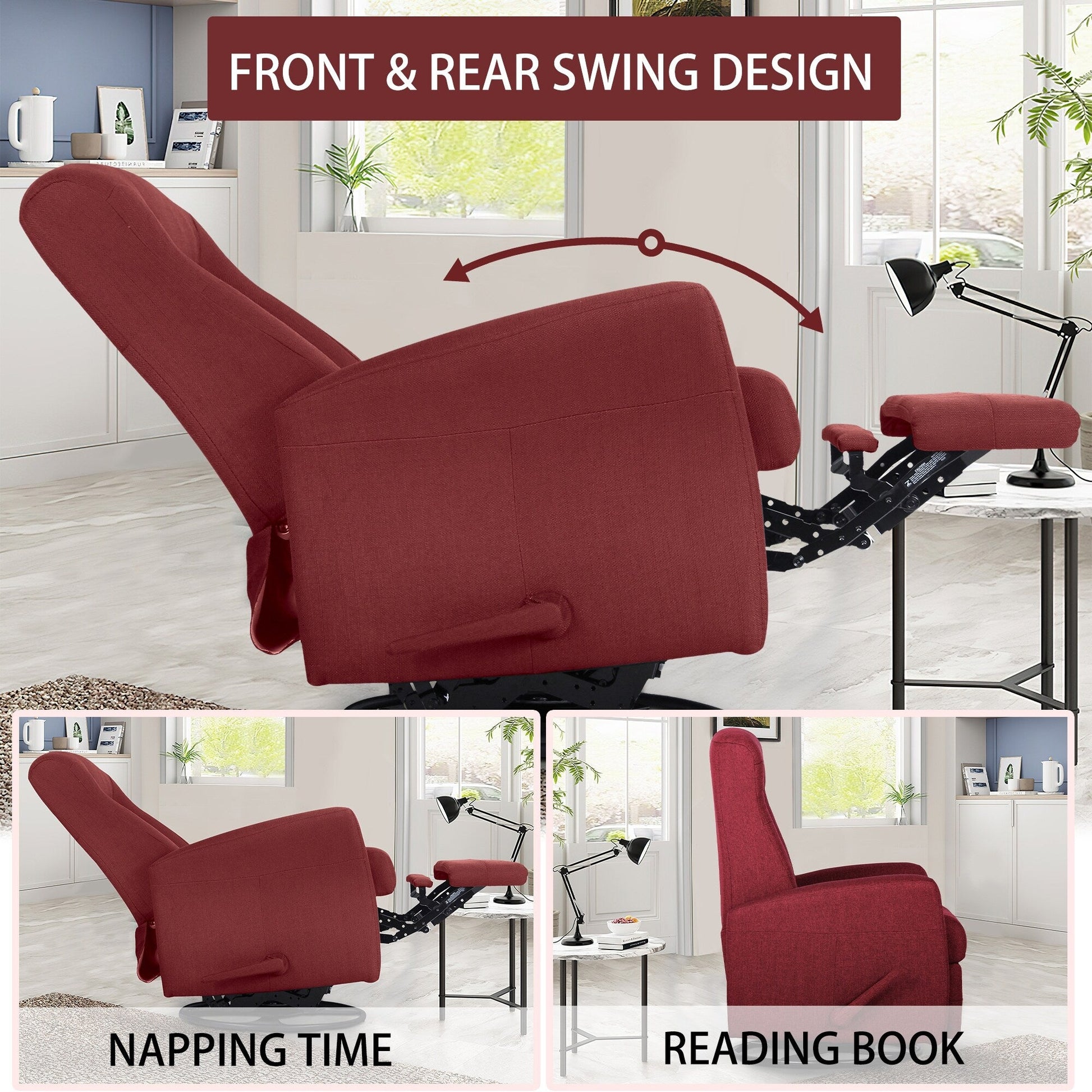 Fauteuil inclinable à balancement, à balancement et pivotant, largeur 29,5 pouces