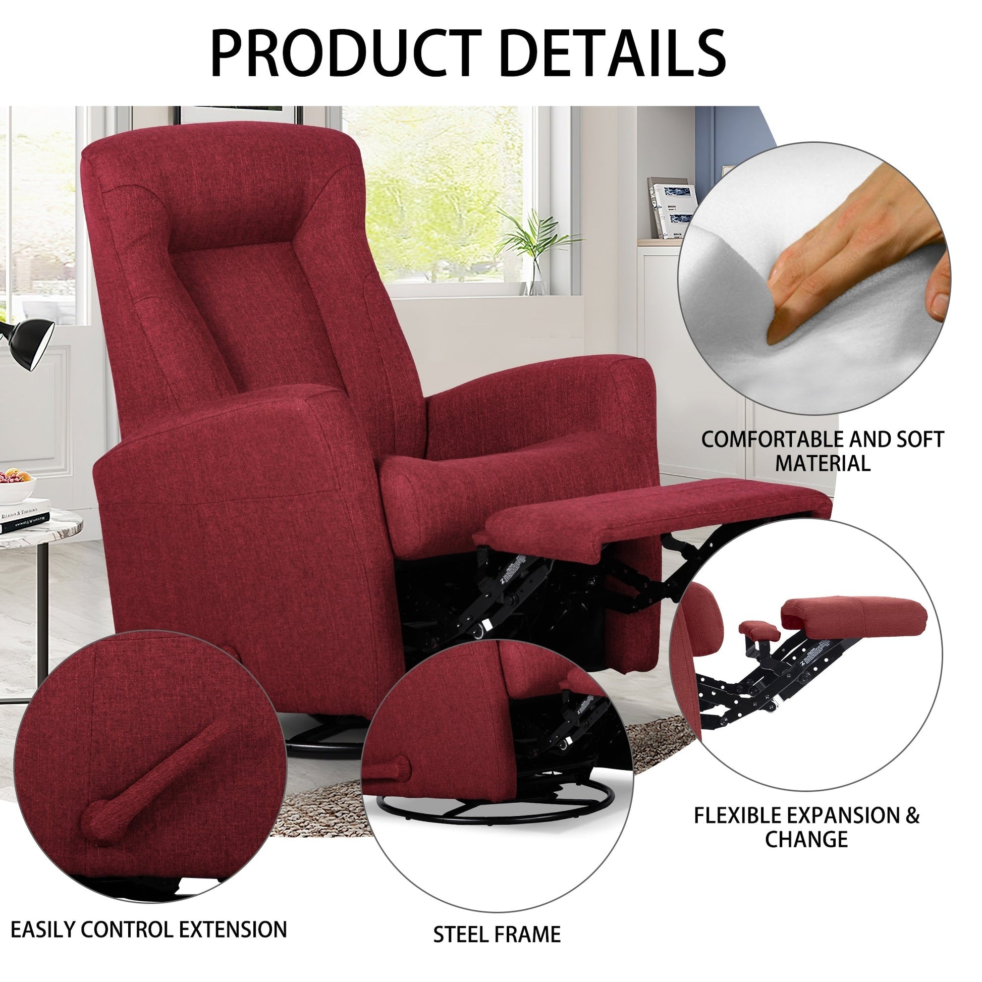 Fauteuil inclinable à balancement, à balancement et pivotant, largeur 29,5 pouces