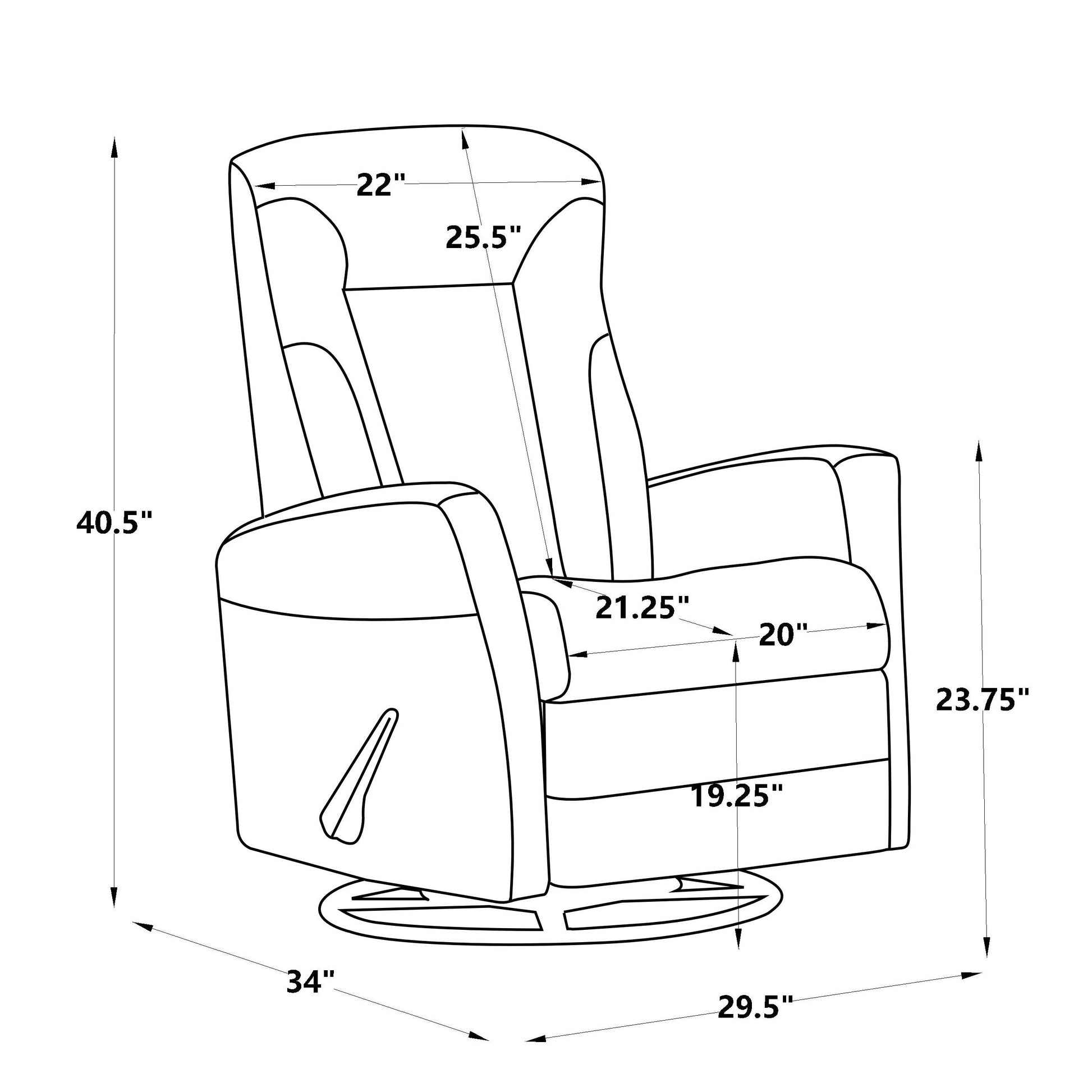 Fauteuil inclinable à balancement, à balancement et pivotant, largeur 29,5 pouces