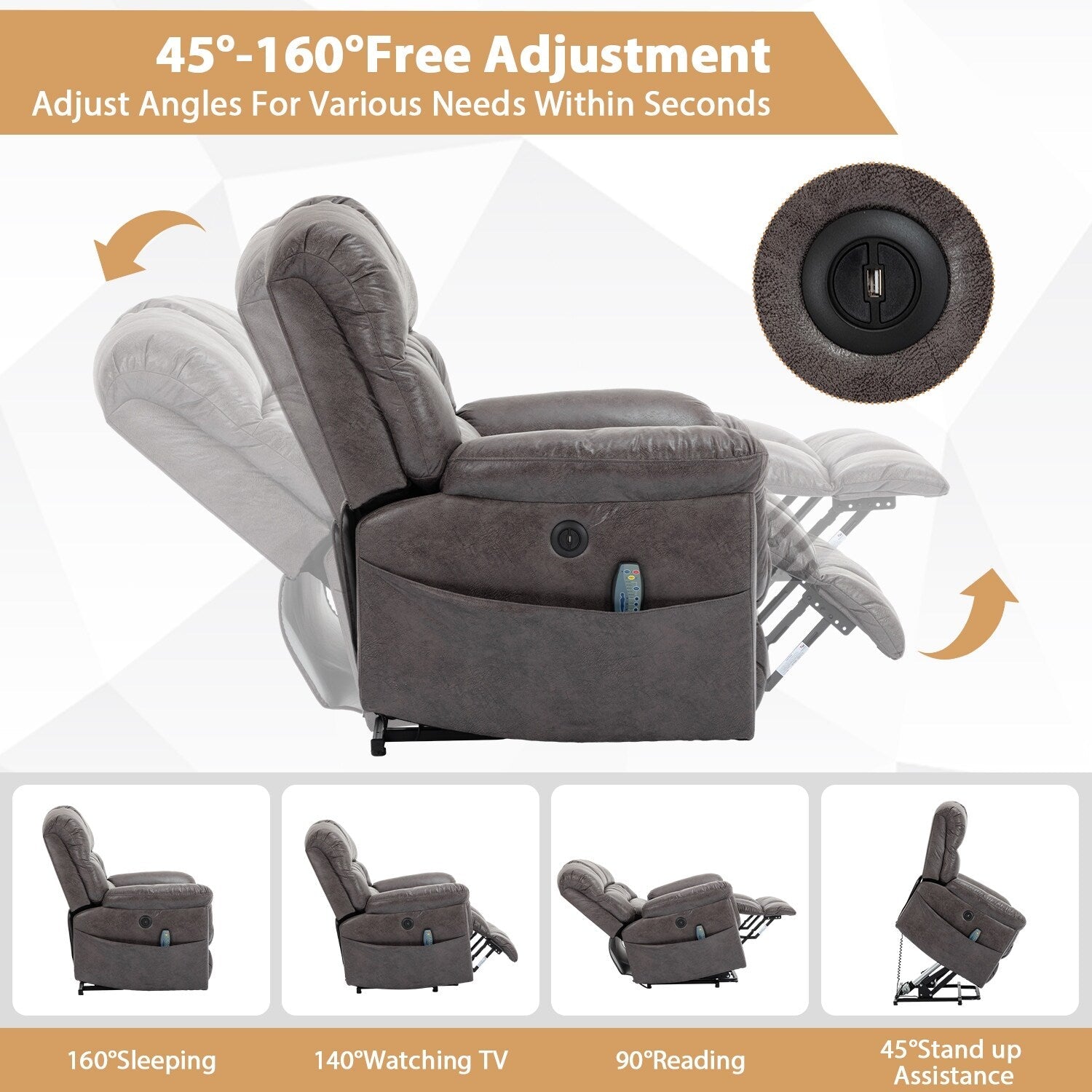 Fauteuil inclinable électrique surdimensionné de 42 pouces avec massage et chauffage
