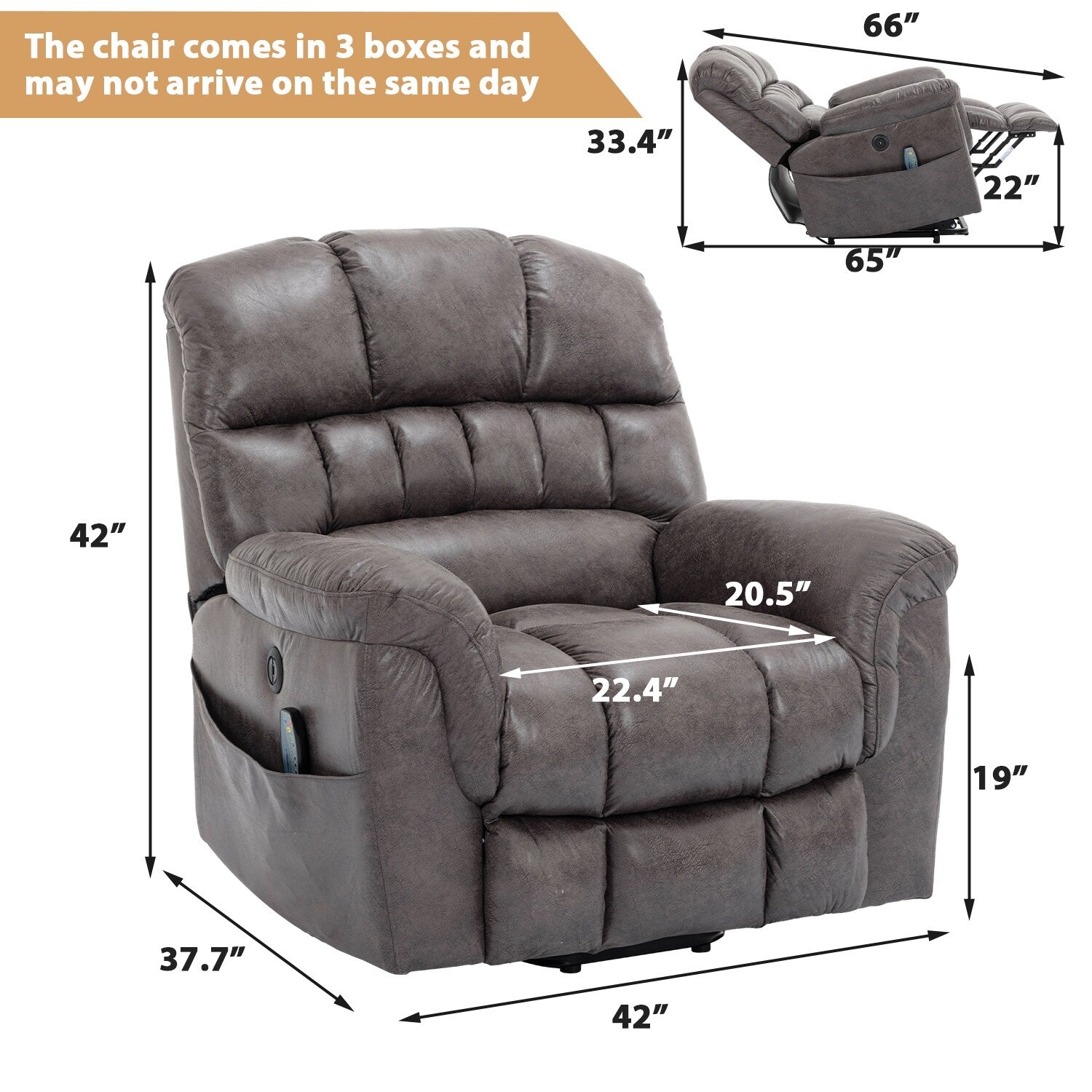 Fauteuil inclinable électrique surdimensionné de 42 pouces avec massage et chauffage