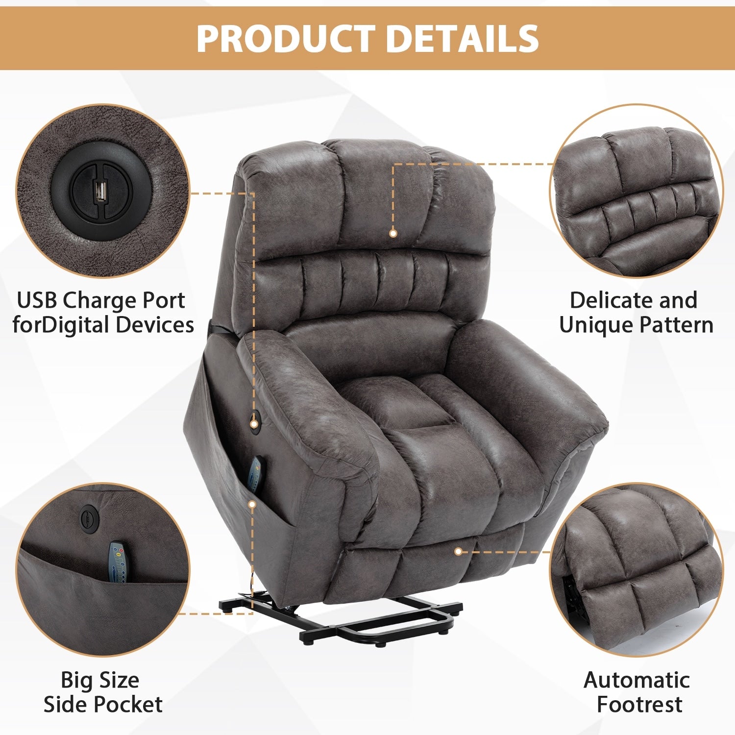 Fauteuil inclinable électrique surdimensionné de 42 pouces avec massage et chauffage