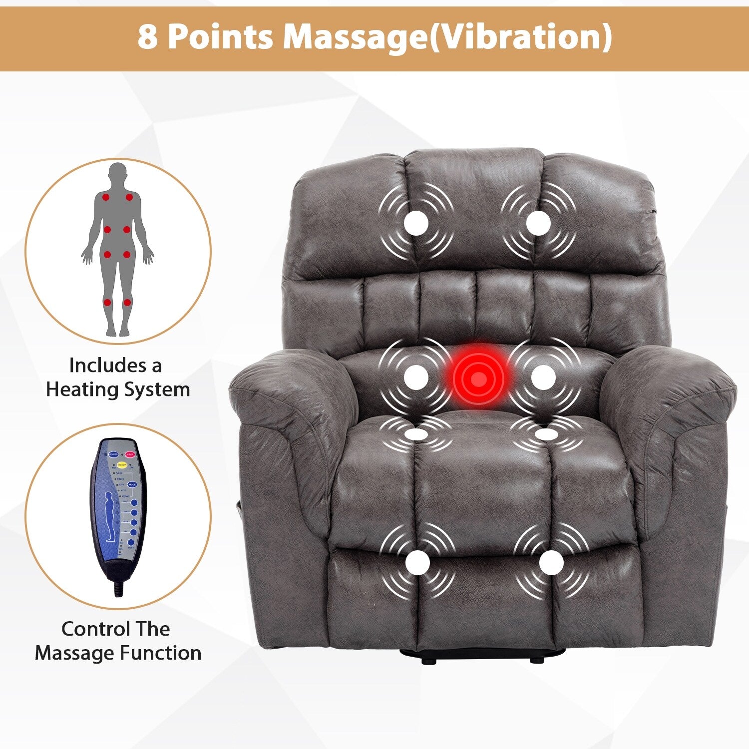 Fauteuil inclinable électrique surdimensionné de 42 pouces avec massage et chauffage