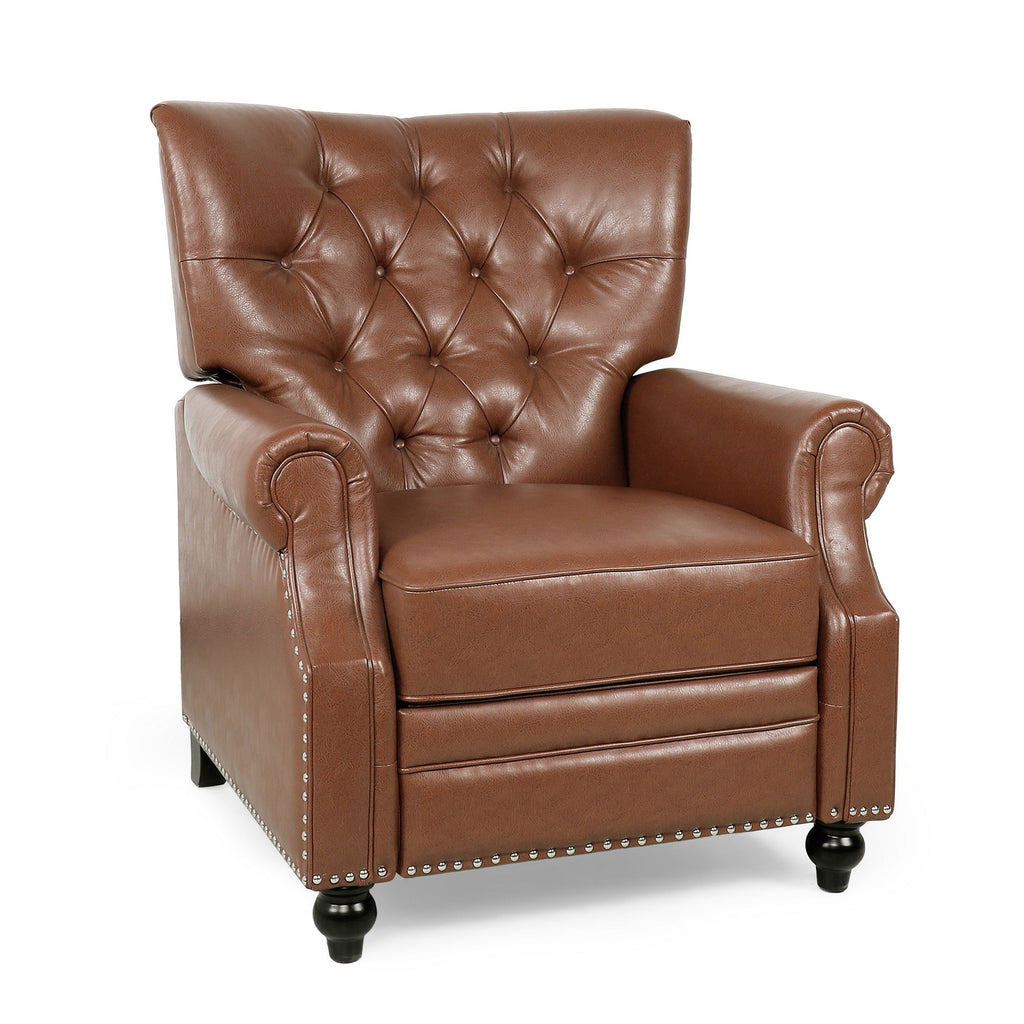 Fauteuil inclinable, pieds tournés, simili cuir boutonné brun clair