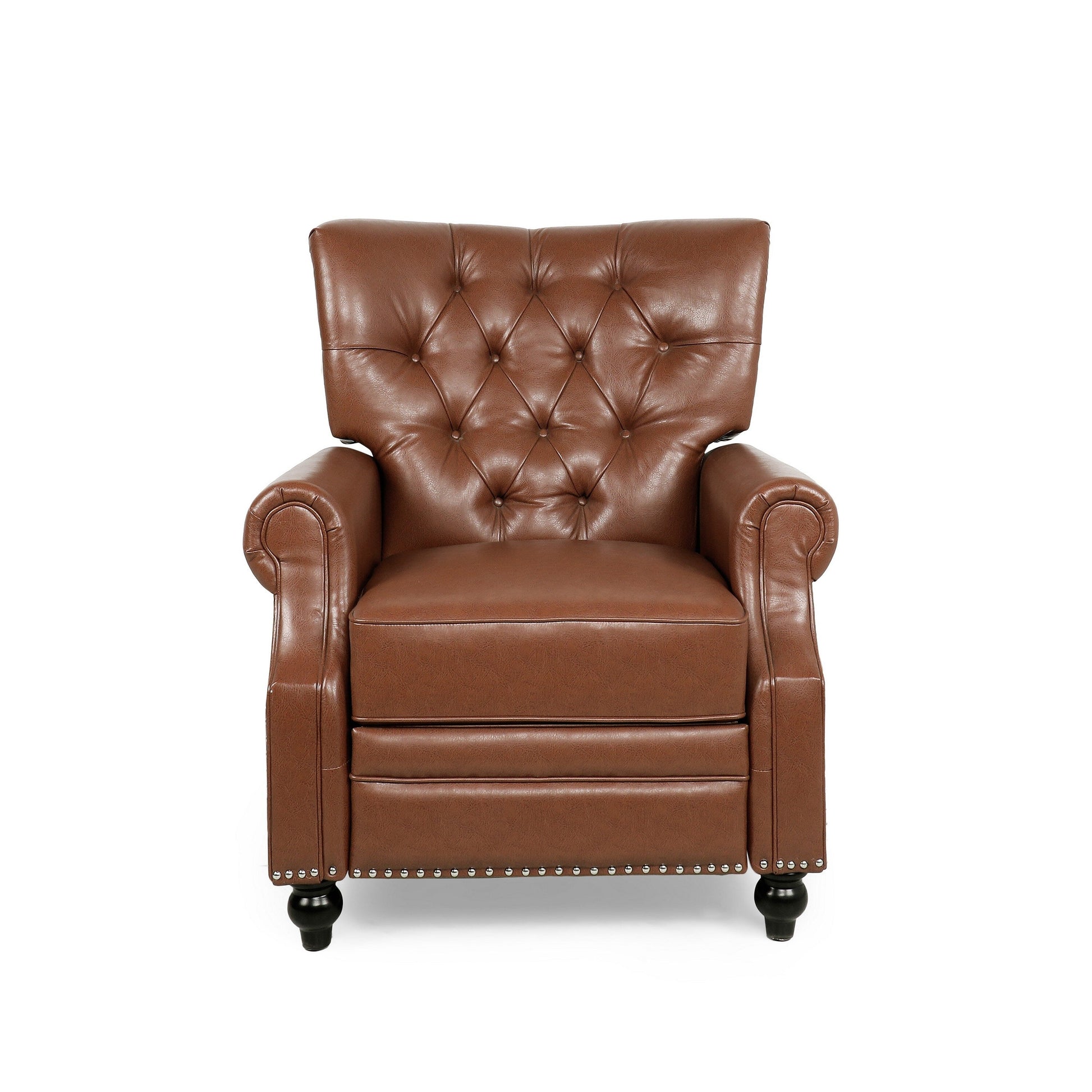 Fauteuil inclinable, pieds tournés, simili cuir boutonné brun clair