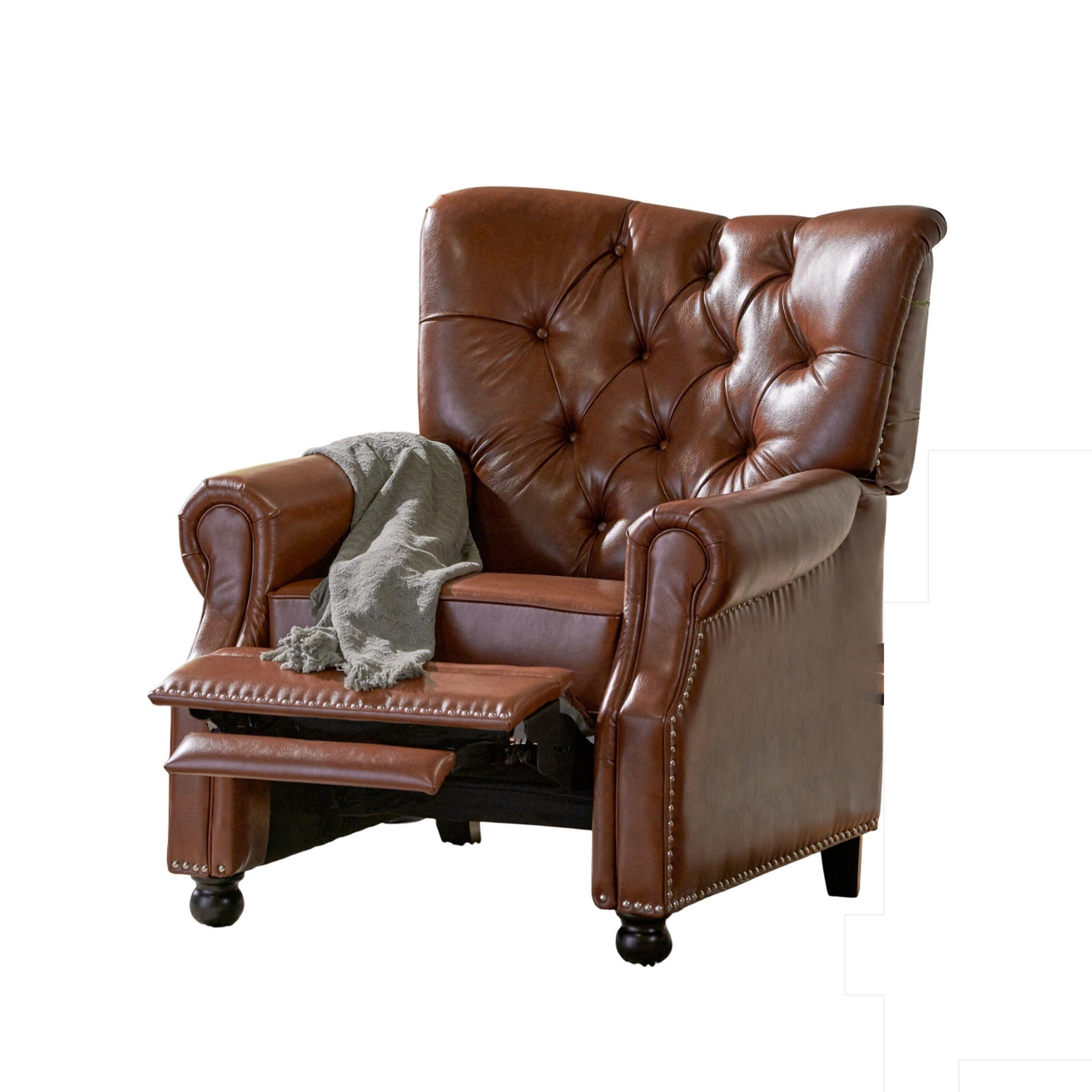 Fauteuil inclinable, pieds tournés, simili cuir boutonné brun clair
