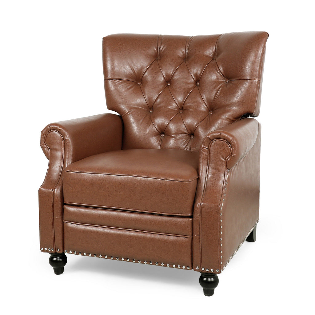 Fauteuil inclinable, pieds tournés, simili cuir boutonné brun clair