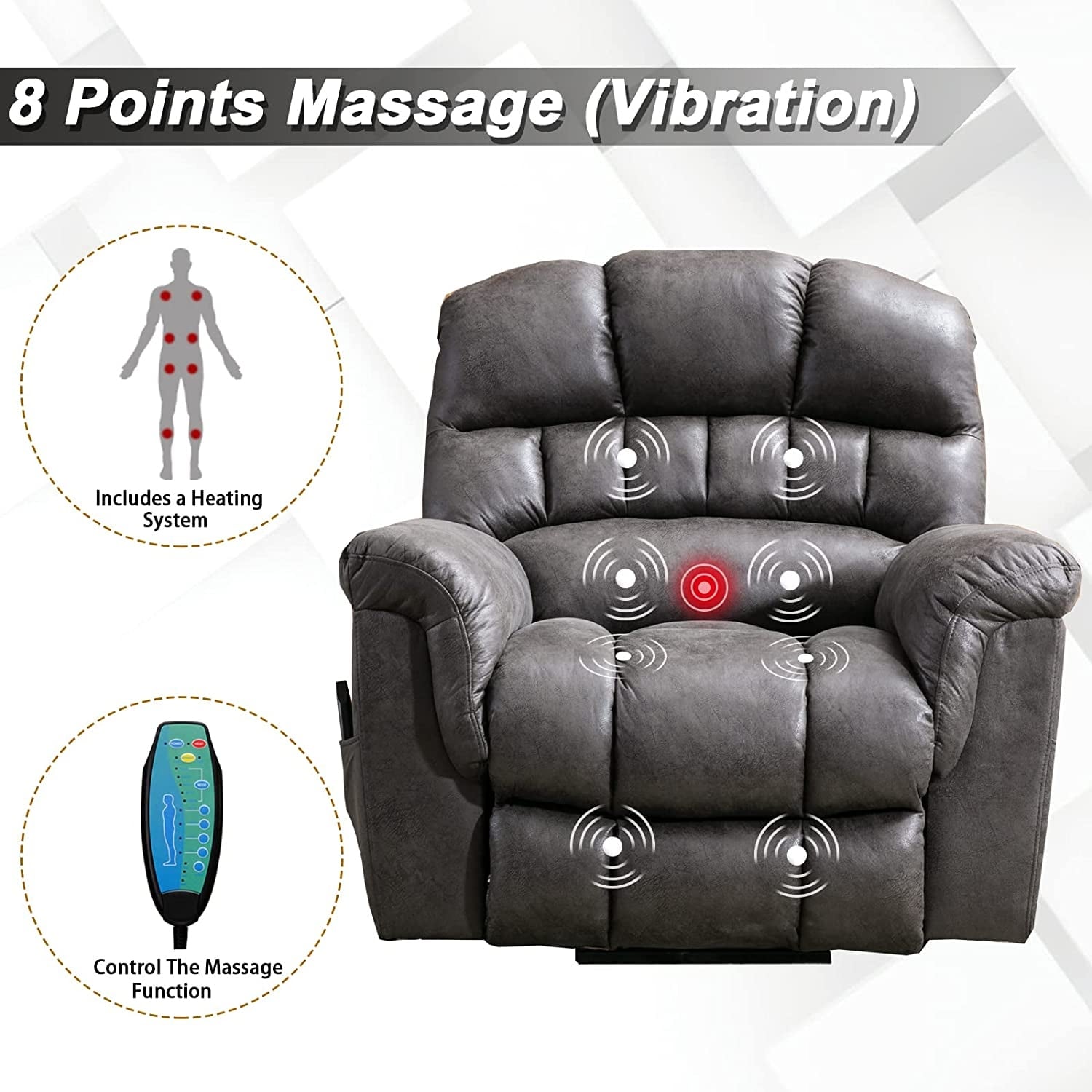 Fauteuil inclinable électrique surdimensionné de 42 pouces avec massage et chauffage