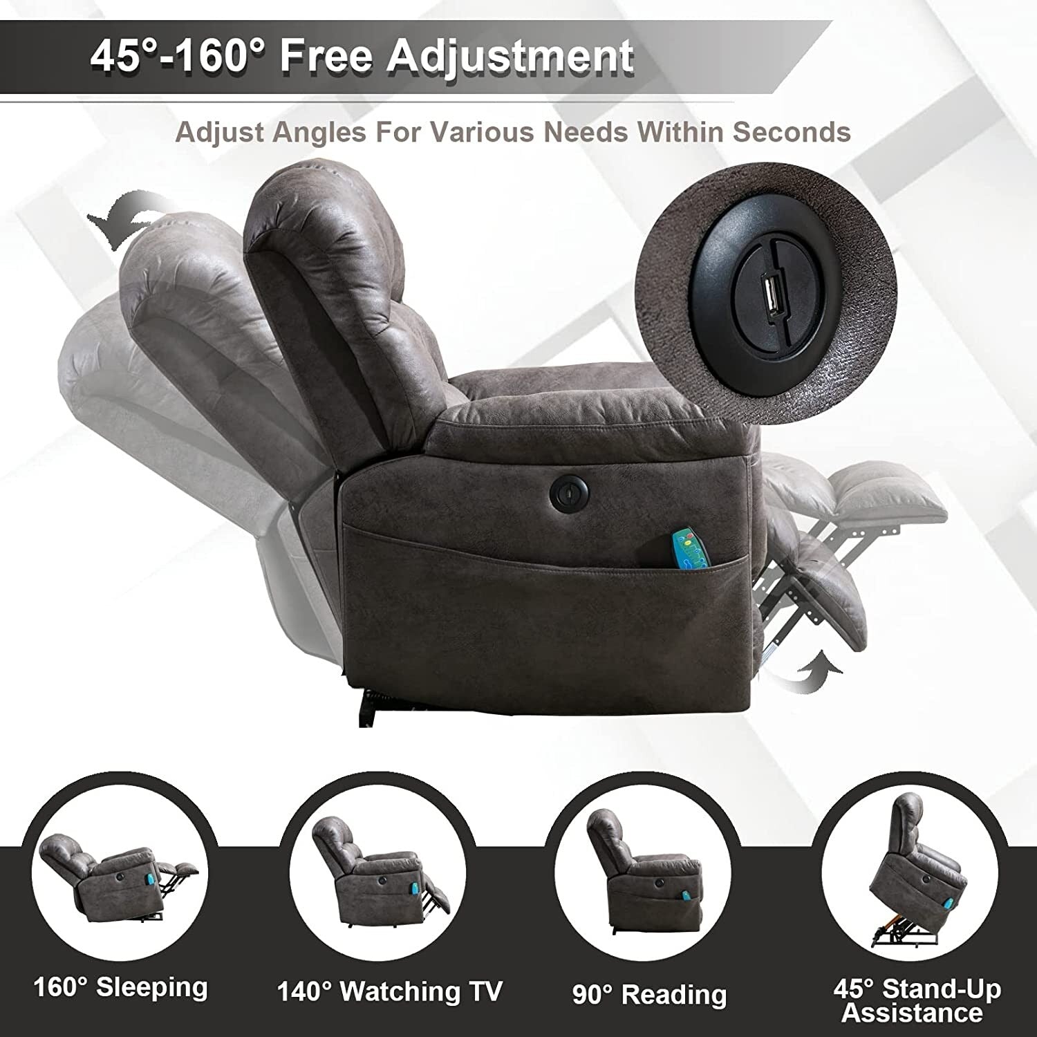 Fauteuil inclinable électrique surdimensionné de 42 pouces avec massage et chauffage