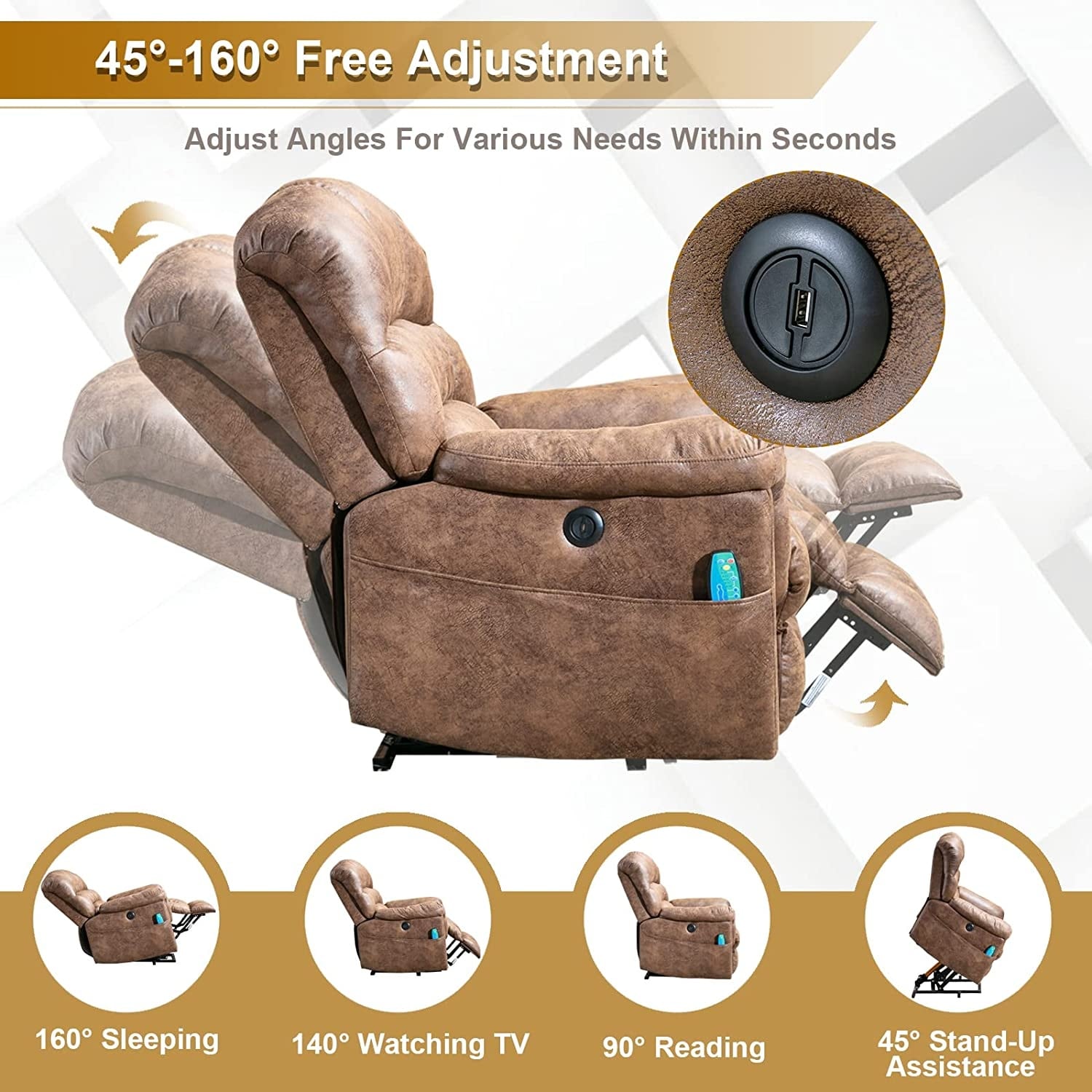 Fauteuil inclinable électrique surdimensionné de 42 pouces avec massage et chauffage