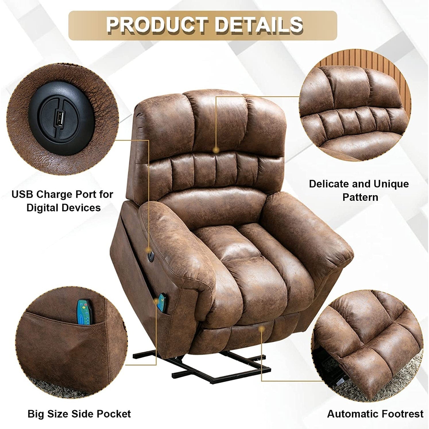 Fauteuil inclinable électrique surdimensionné de 42 pouces avec massage et chauffage