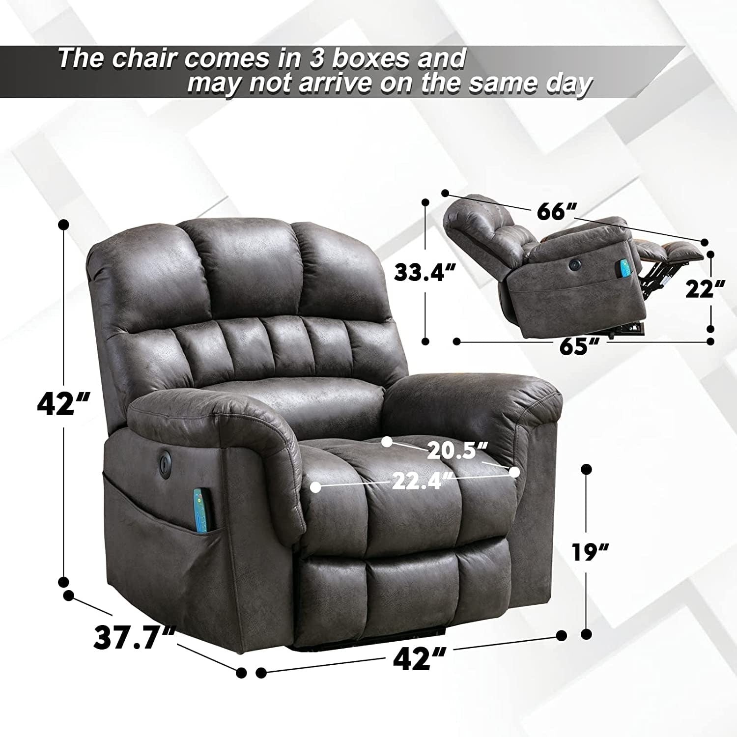 Fauteuil inclinable électrique surdimensionné de 42 pouces avec massage et chauffage