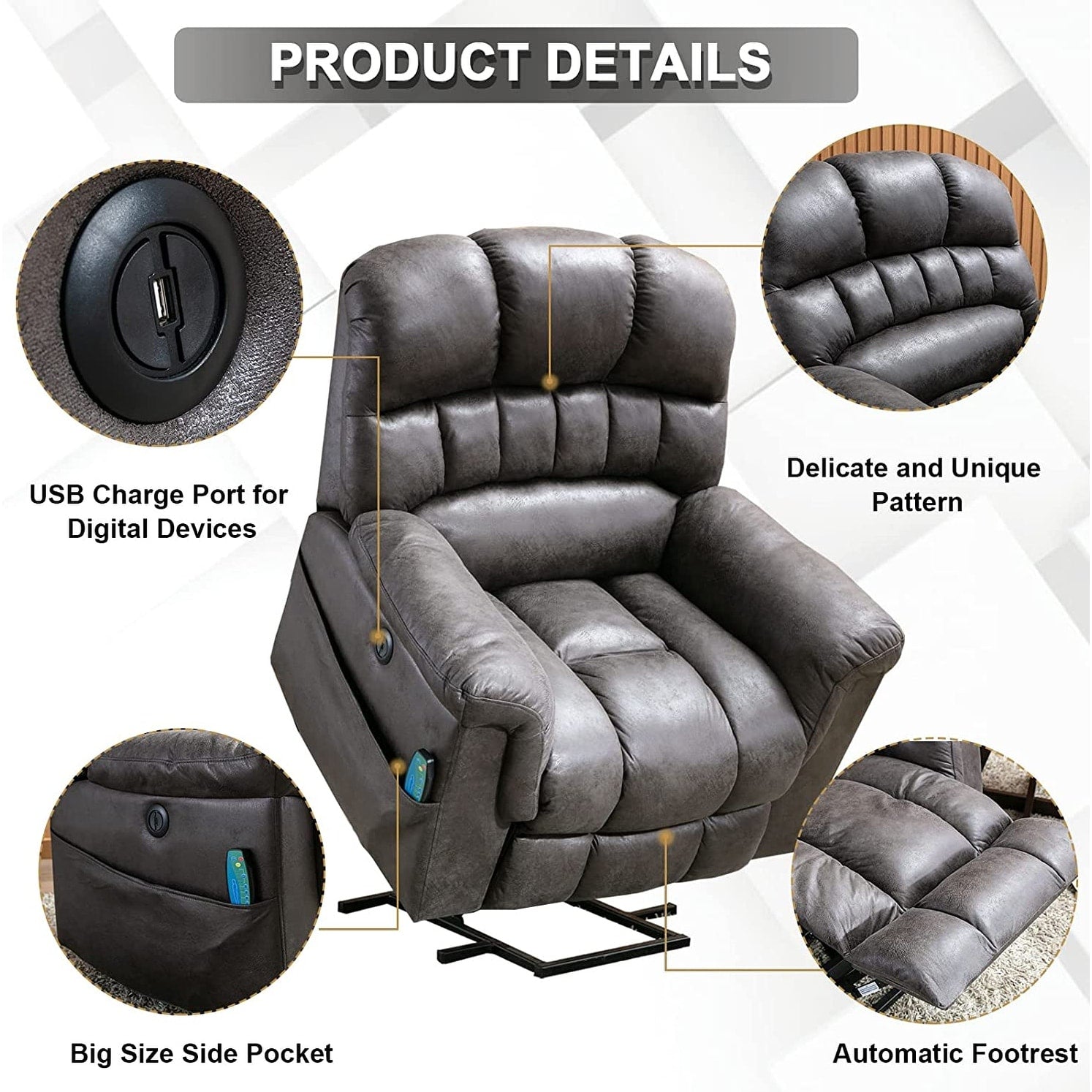 Fauteuil inclinable électrique surdimensionné de 42 pouces avec massage et chauffage