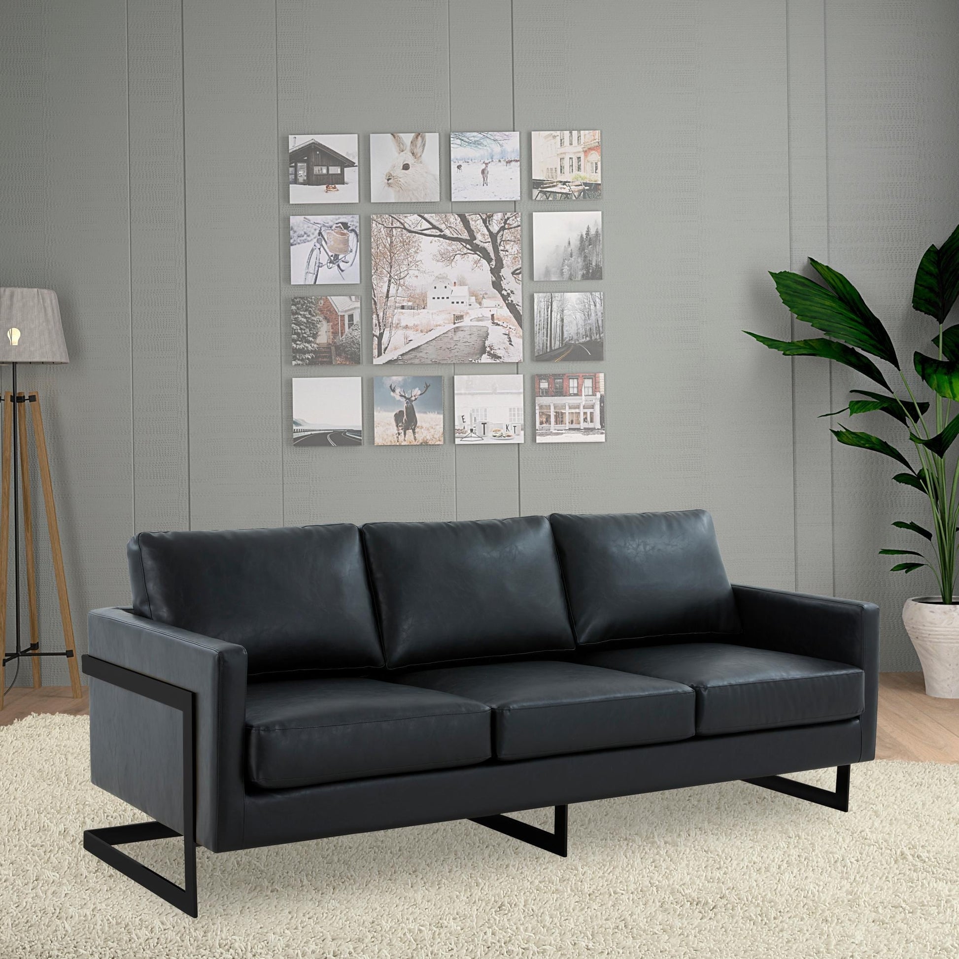 Canapé 3 places, style minimaliste, revêtement cuir, avec coussins amovibles, en acier inoxydable, pour salon ou chambre à coucher.